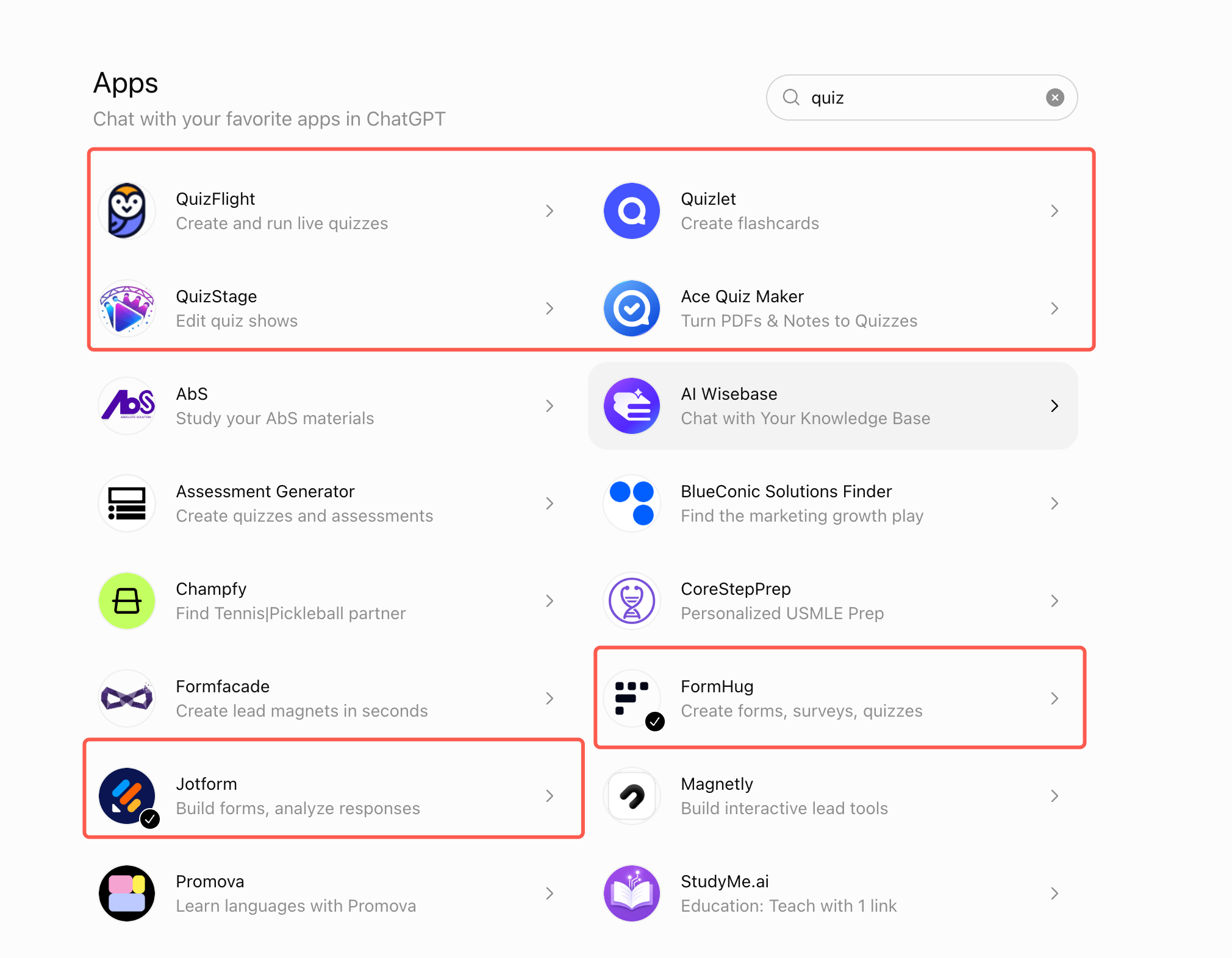 ChatGPT Apps search results for quiz — FormHug, Jotform, QuizFlight, Quizlet, QuizStage, and quiz generators highlighted
