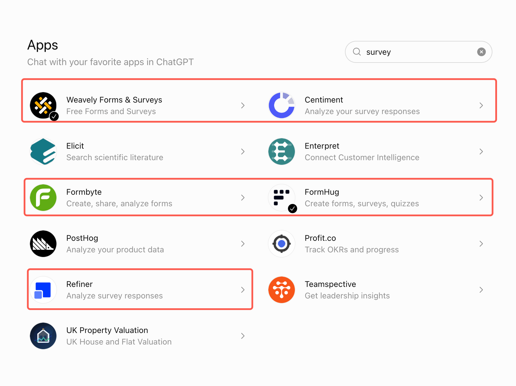 ChatGPT Apps search results for survey — FormHug, Weavely, Formbyte, Refiner, and Centiment highlighted
