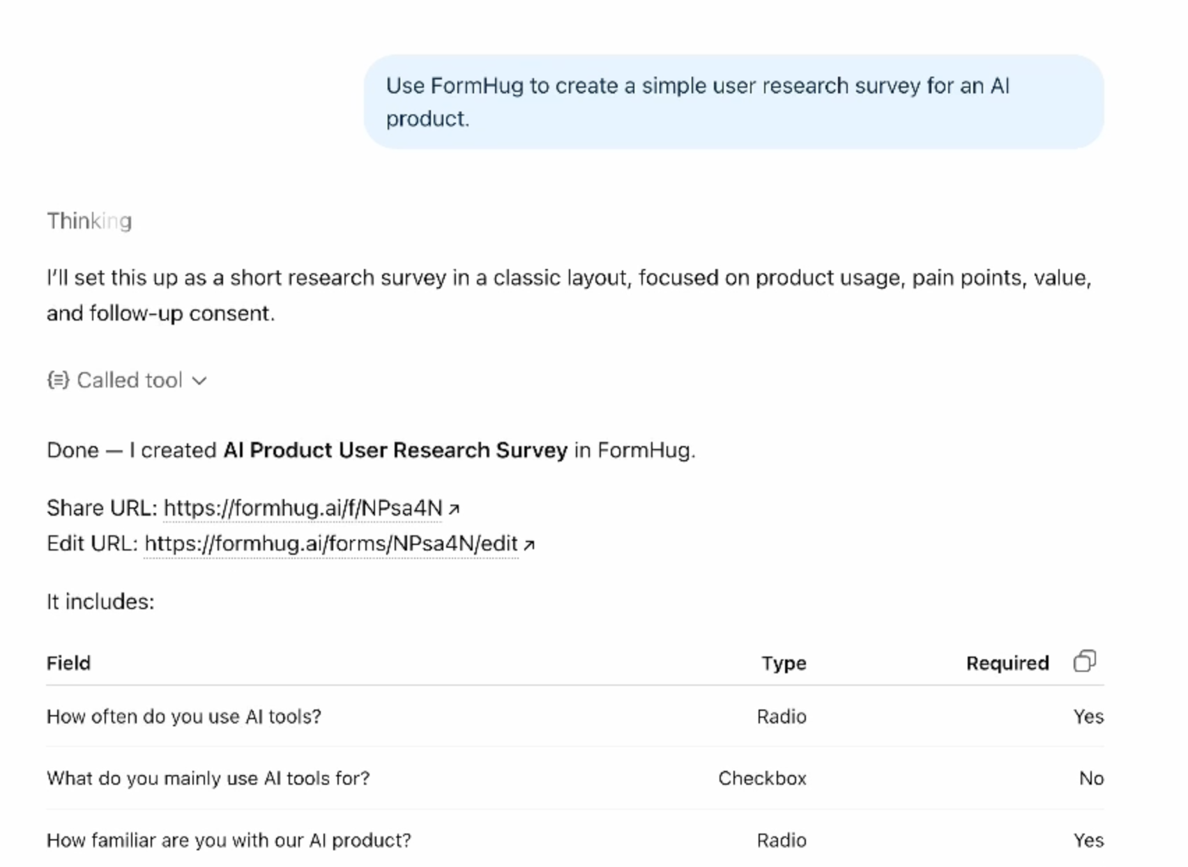 ChatGPT using FormHug to create an AI product user research survey with share and edit links