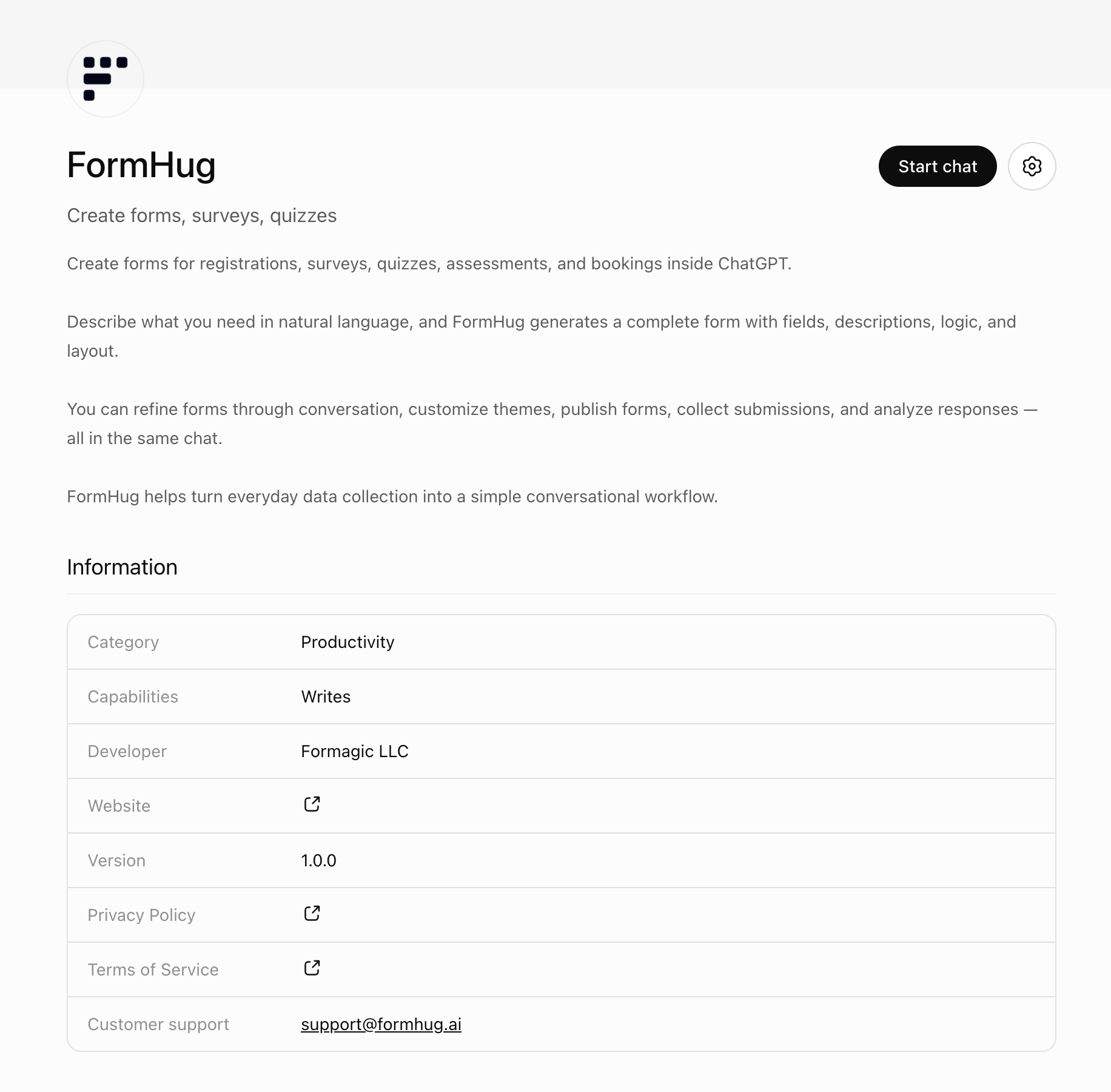FormHug listing in ChatGPT Apps - opening the app used to create forms, surveys, quizzes, assessments, and bookings from chat