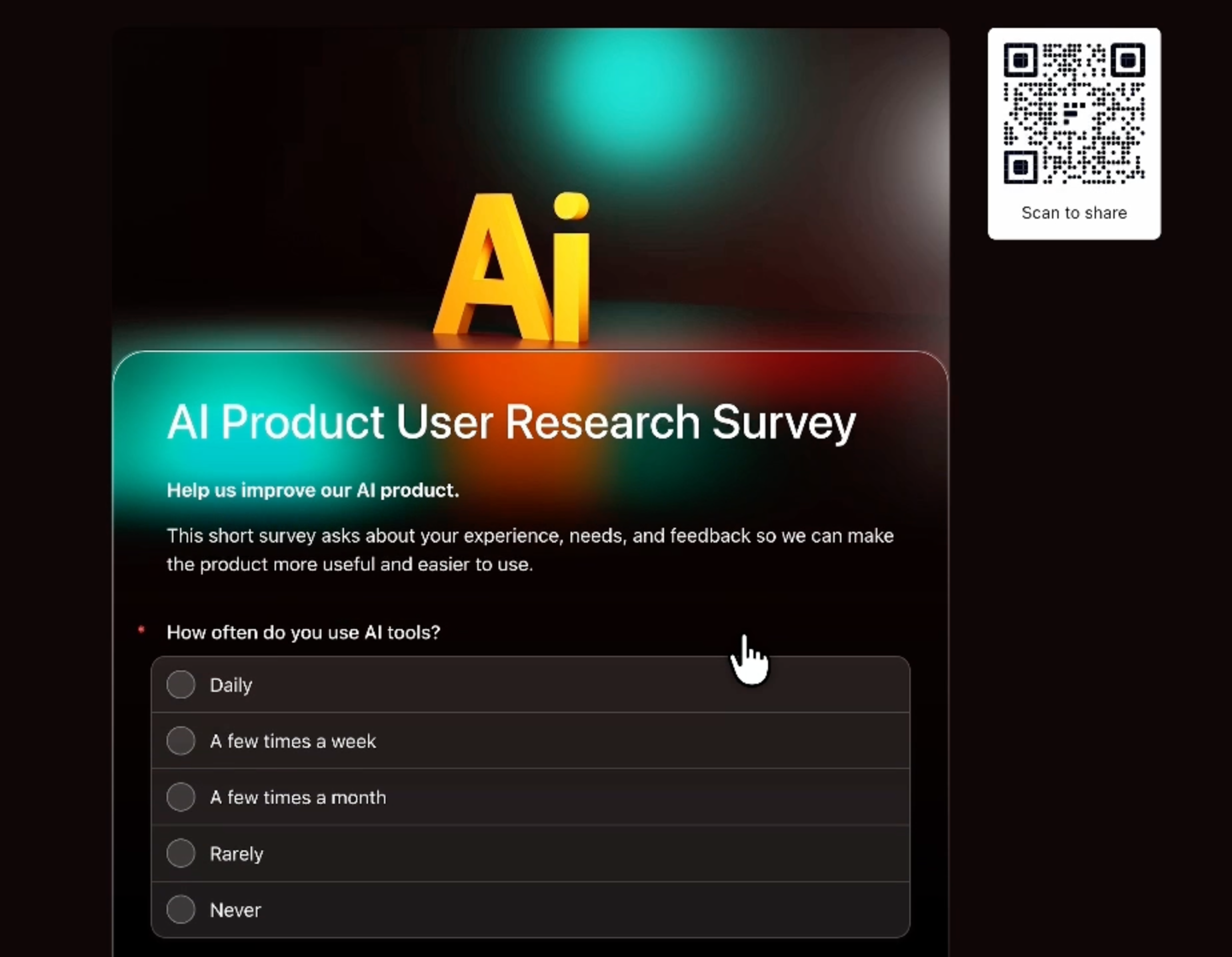 Published AI product user research survey created with FormHug, including a QR code for sharing