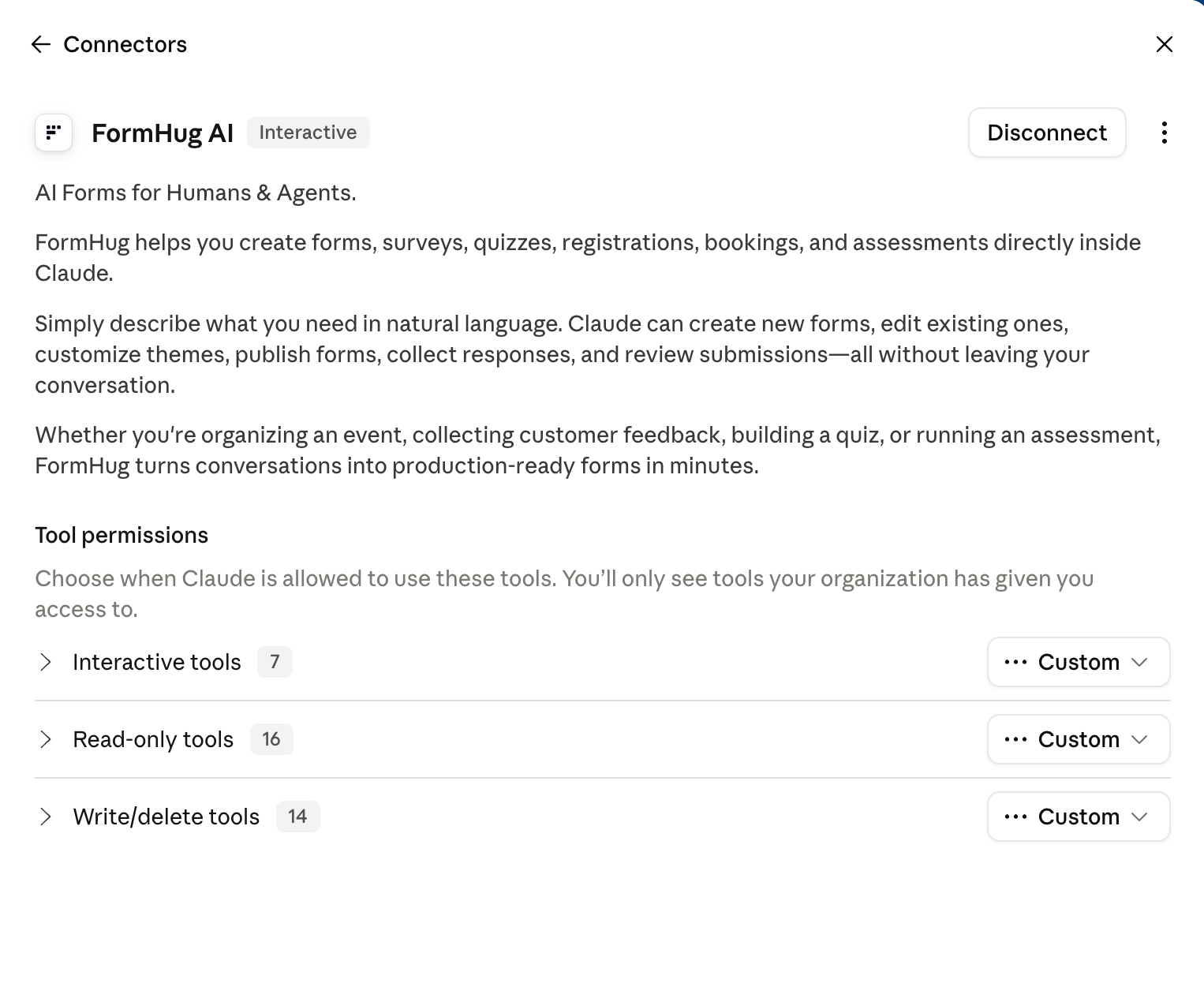 FormHug AI settings in Claude showing the Interactive badge and separate permission groups for interactive, read-only, and write or delete tools