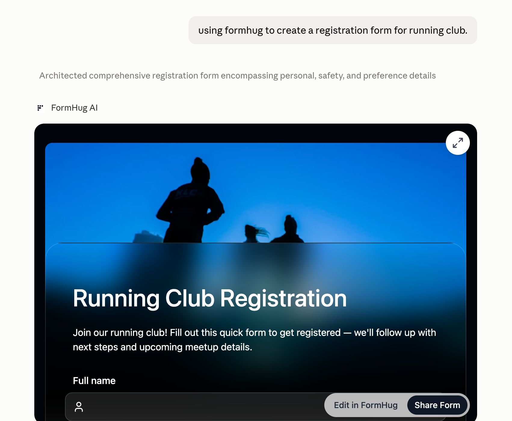 Claude rendering a Running Club Registration form from FormHug directly in the conversation, with options to expand, edit, and share the form