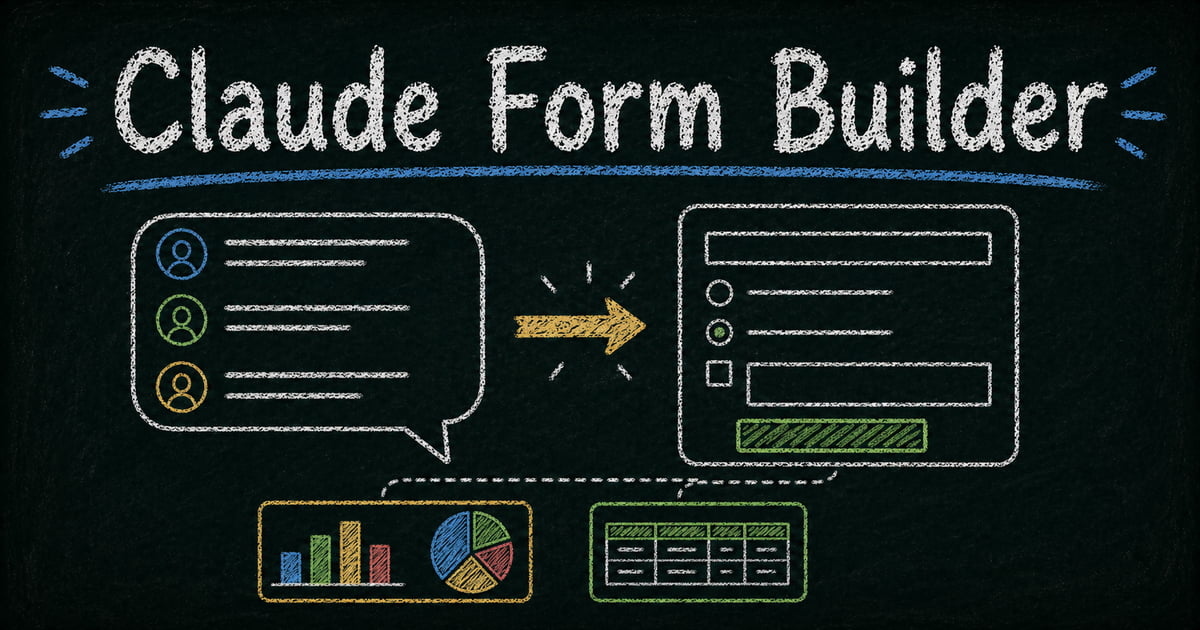 Claude form builder concept board — showing a chat prompt becoming a live form with response charts and structured data