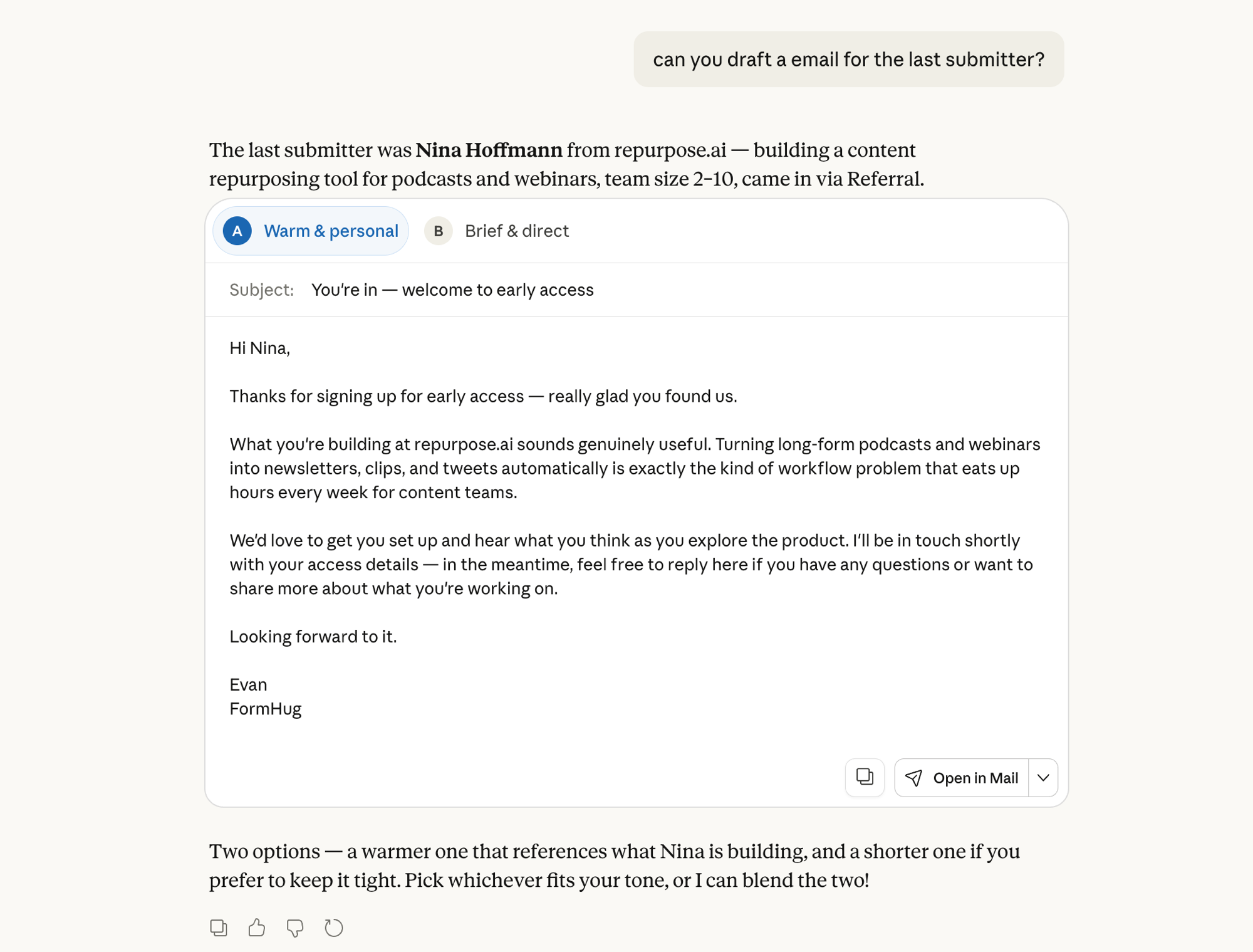 Claude drafting a personalized early access confirmation email for a form submitter using their data and company information — showing how FormHug + Gmail creates personalized outreach from form responses