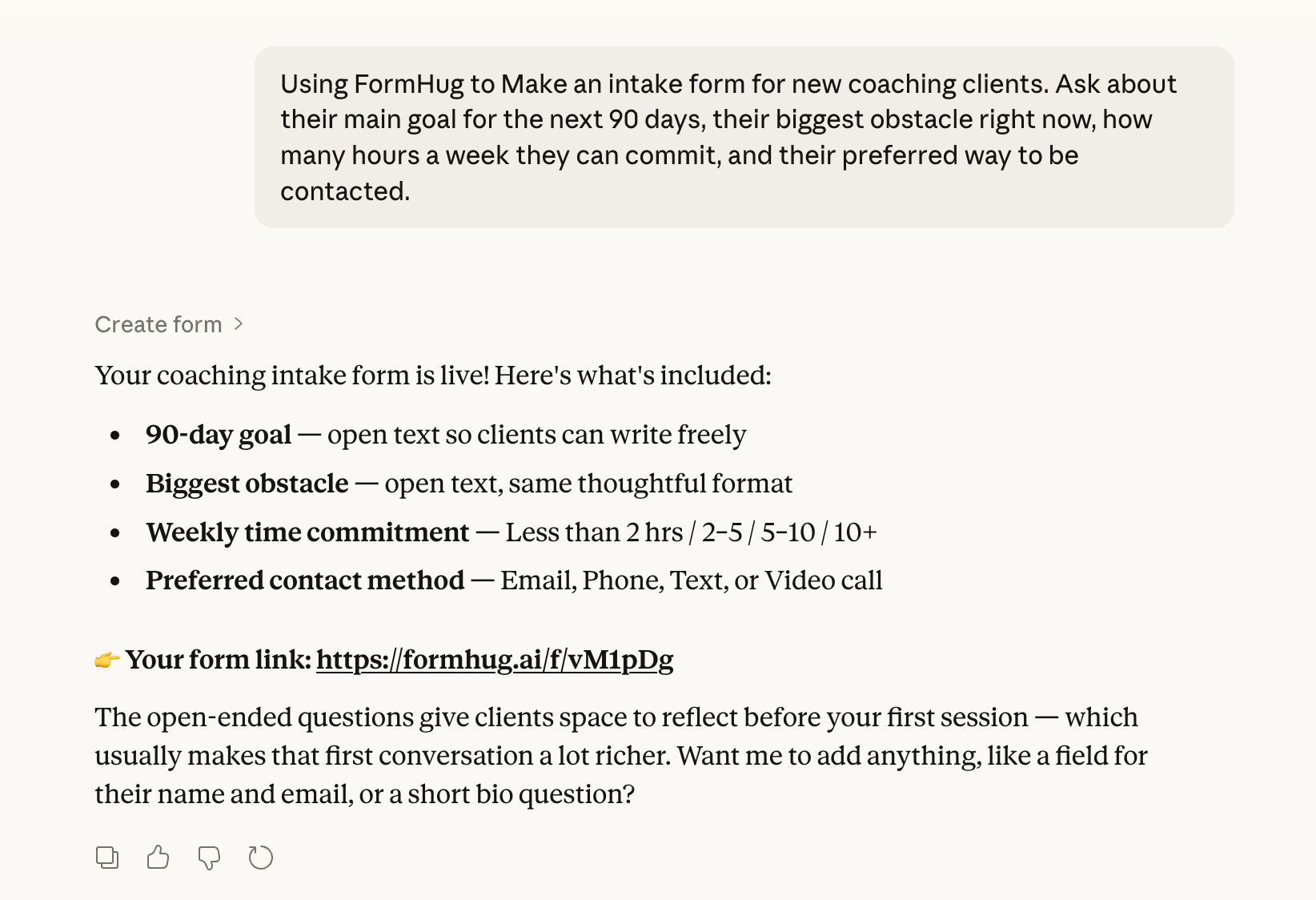 Claude creates a coaching intake form with open-ended text fields for client goals and obstacles — showing how natural language requests become structured form fields ready to share