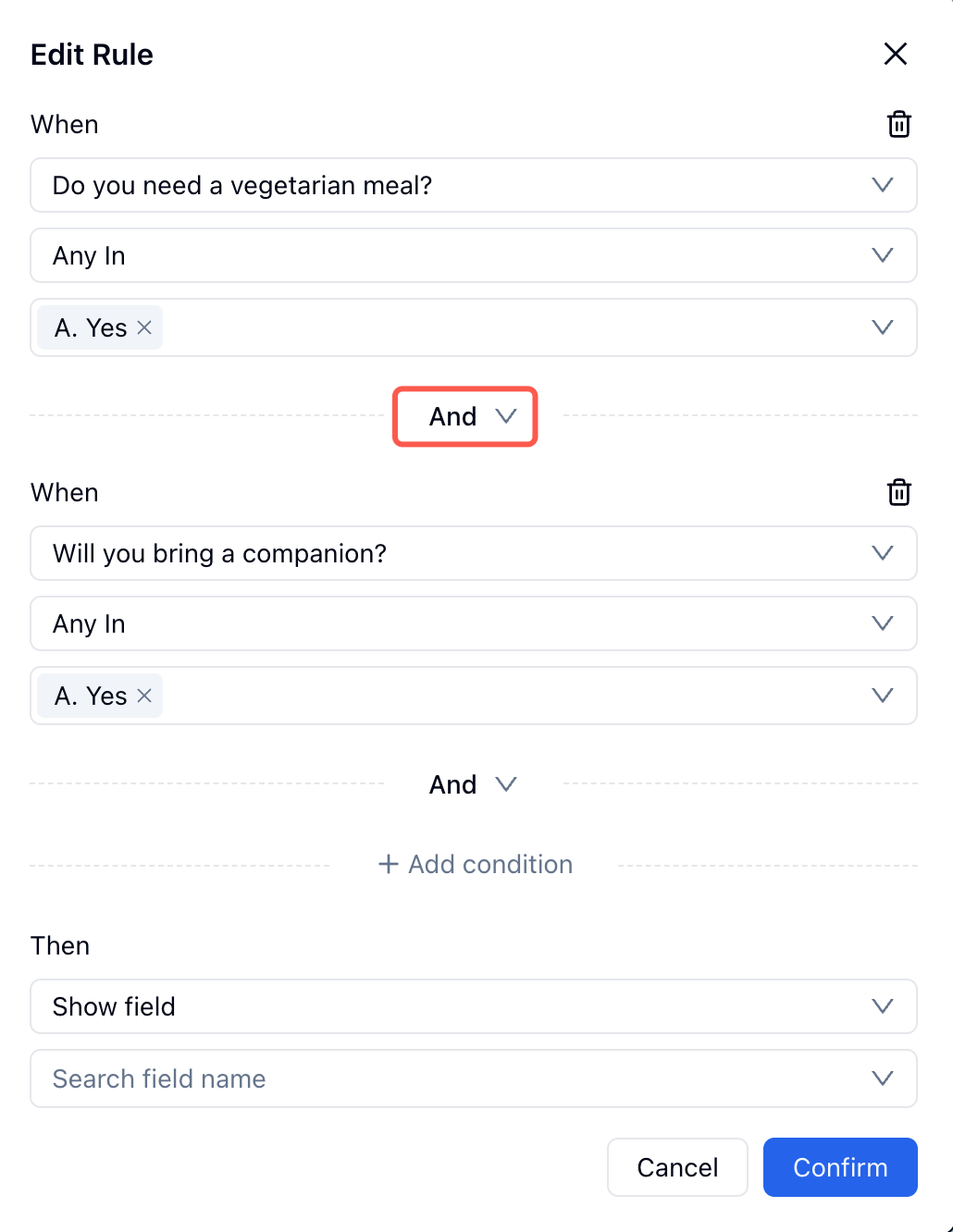 FormHug Edit Rule modal with multiple When conditions — first condition set, And/Or selector visible between clauses, second When clause being added below
