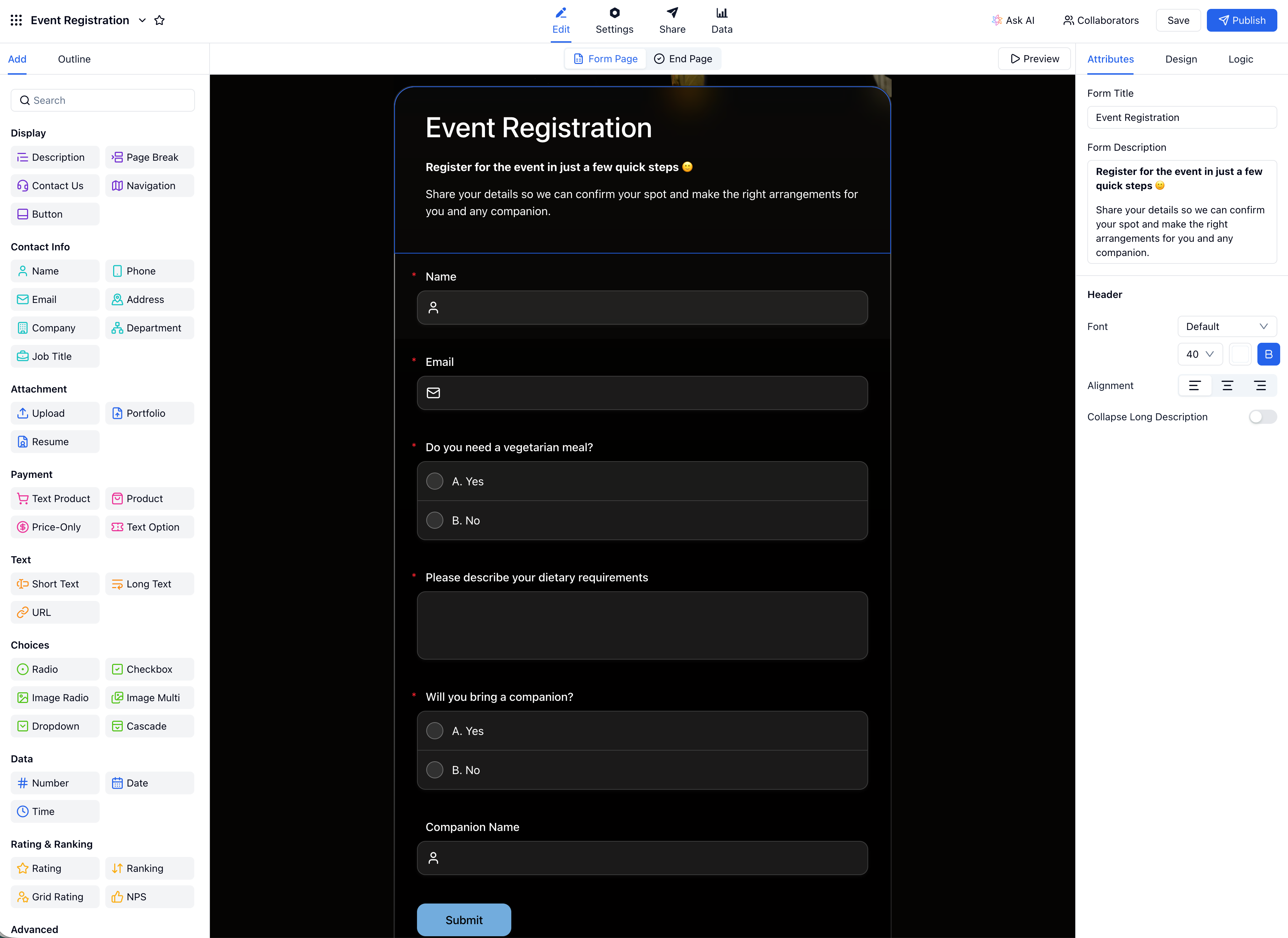FormHug form editor showing an Event Registration form — all fields added including Name, Email, dietary preference, dietary requirements, companion question, and companion name field, before any conditional rules are set