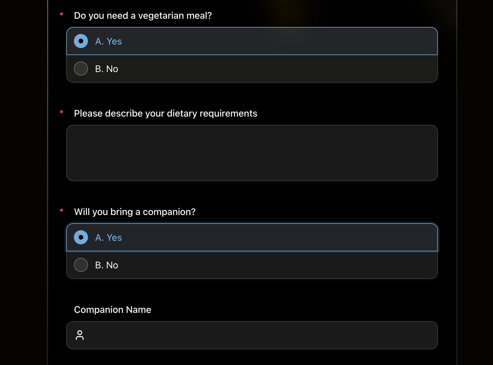 FormHug form preview with conditional logic active — "Yes" selected for both dietary and companion questions, both conditional fields visible and ready to fill in