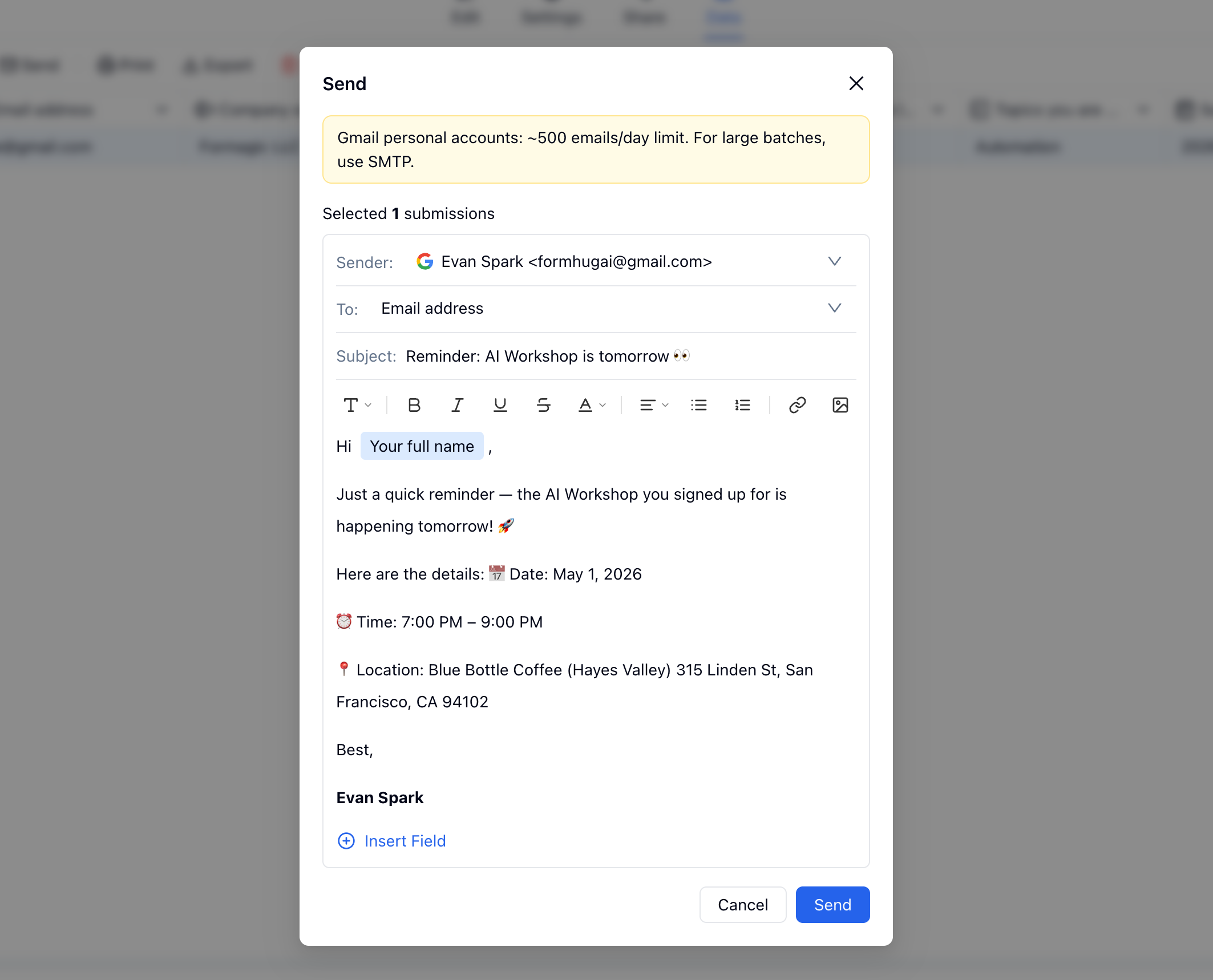FormHug Data tab with submissions selected and bulk email compose window open — message addressed to all selected registrants with subject and body fields ready