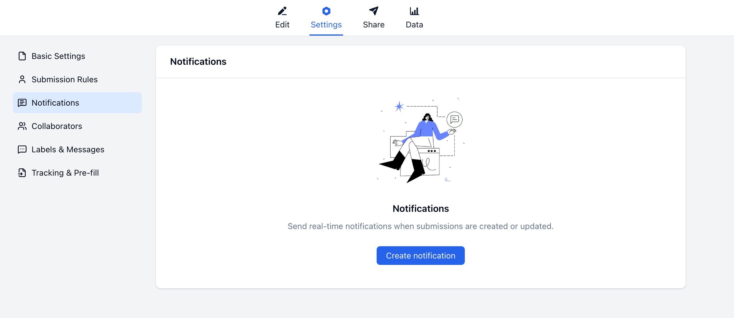 FormHug notification rule configuration — trigger set to New submission created, Gmail account selected, recipient mapped to the submitter's email field