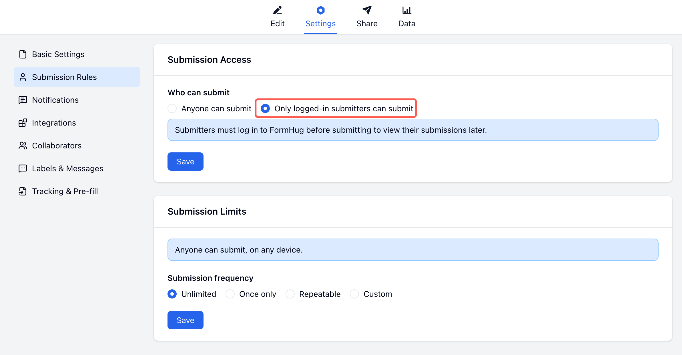 FormHug submission access settings showing logged-in submitter restriction — making identity a deliberate form choice