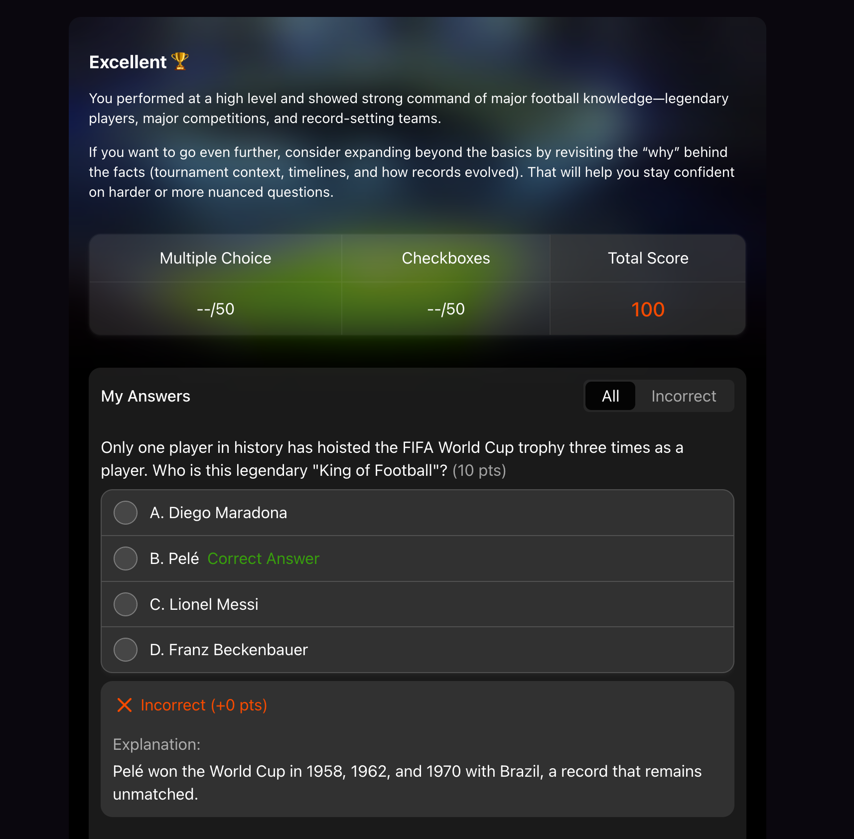 FormHug quiz results page showing score feedback, answer review, and explanation — turning quiz results into a learning moment