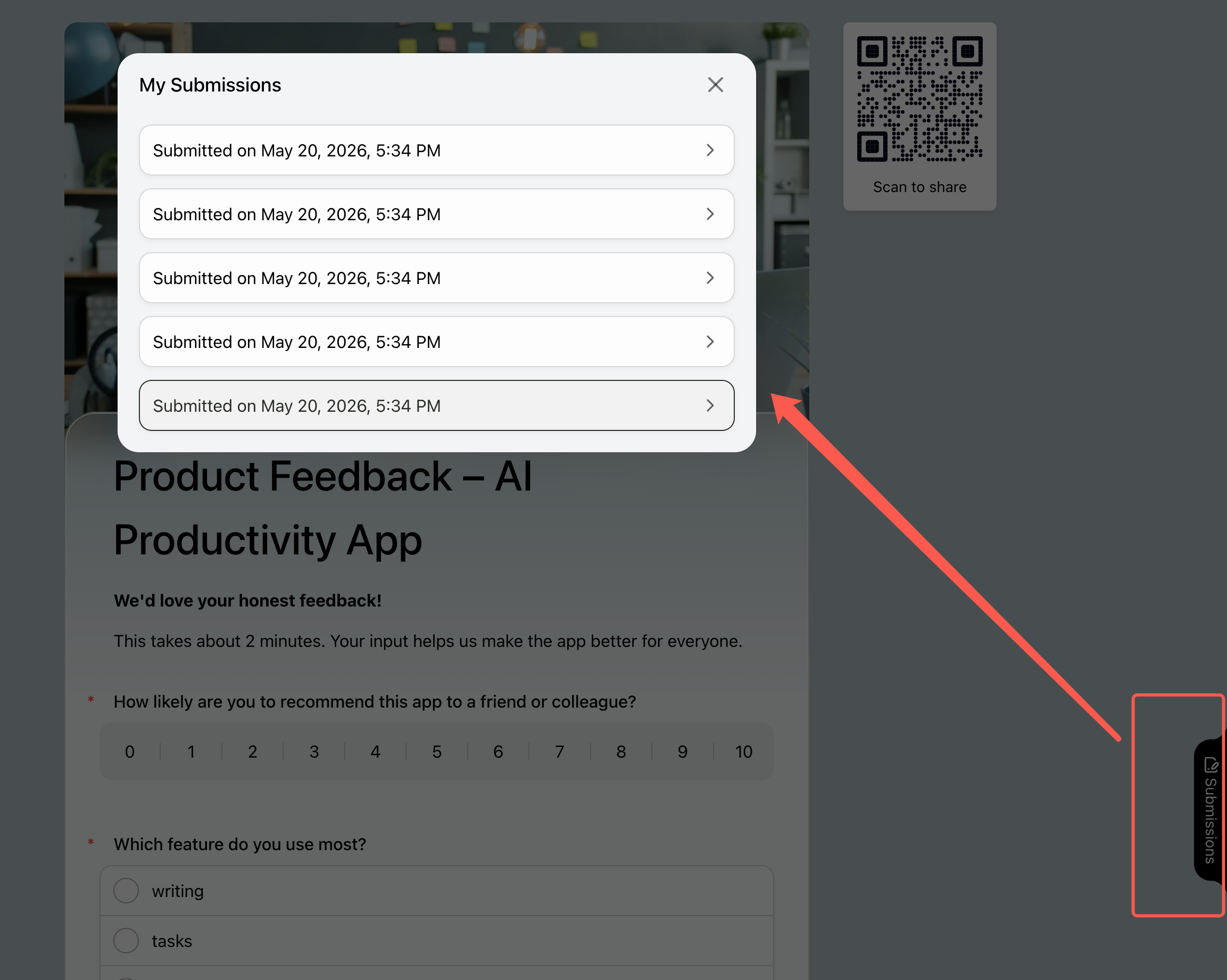 FormHug My Submissions panel on a previously completed form — showing browser-stored submission history available from the same device and browser