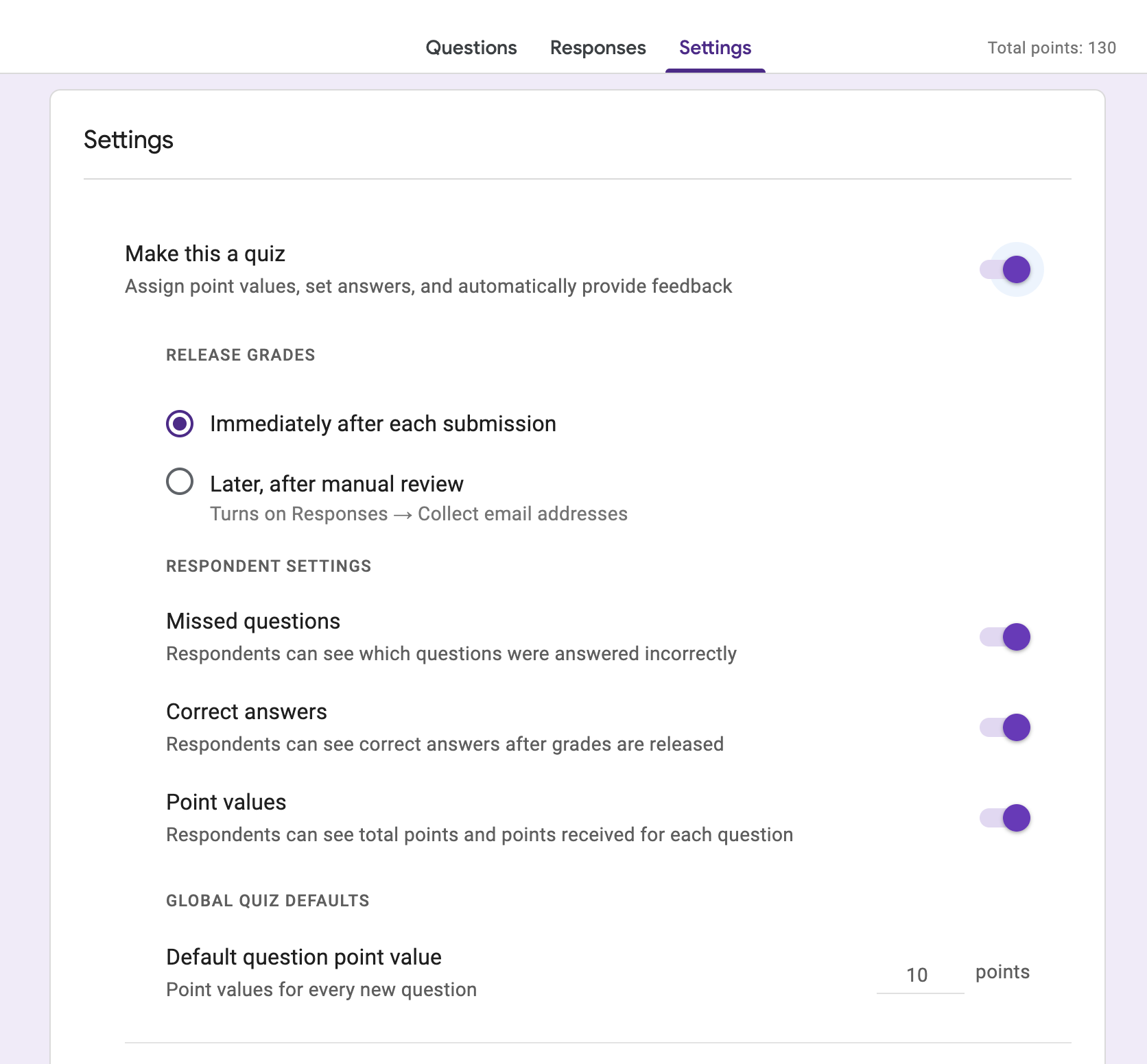 Google Forms quiz settings with Make this a quiz enabled — setting grade release and respondent answer visibility