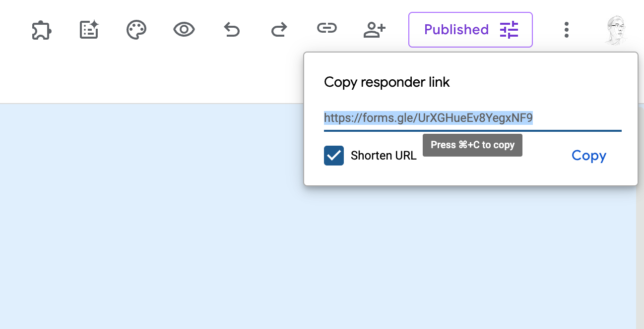Google Forms share dialog with a copied responder link — the URL used to create a QR code for the form