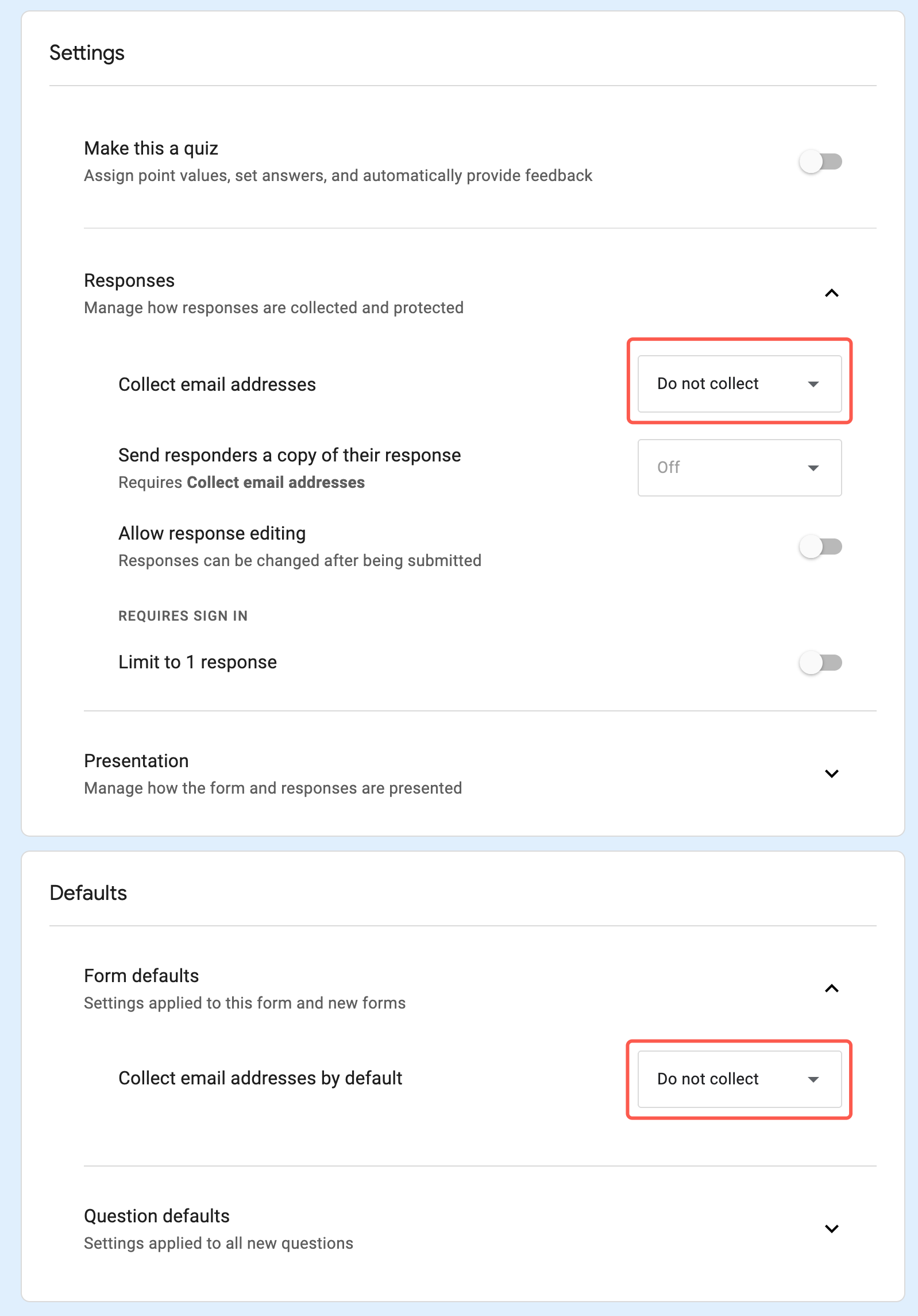 Google Forms response settings showing email collection turned off — keeping a Google Form anonymous before it is shared