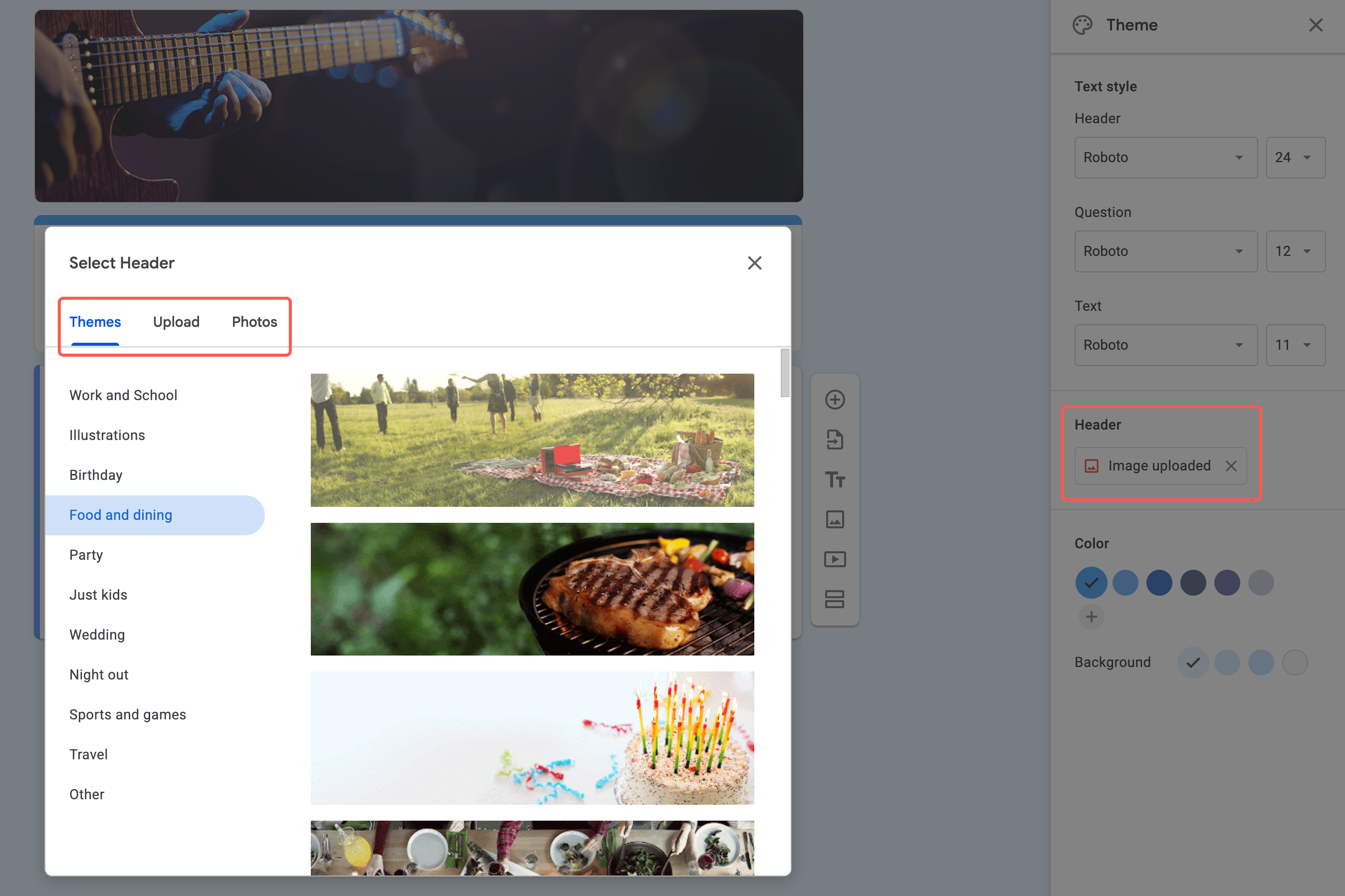 Google Forms theme panel showing header image selection — choosing a banner from themes, uploads, or photos