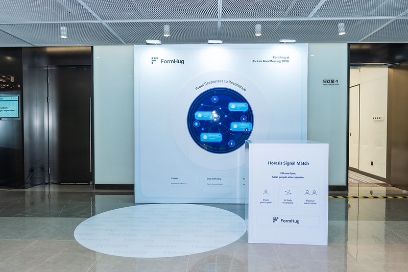 FormHug's Signal Match booth setup at Horasis Asia Meeting 2026, showing the "From Responses to Resonance" backdrop and sign-up station in the venue lobby