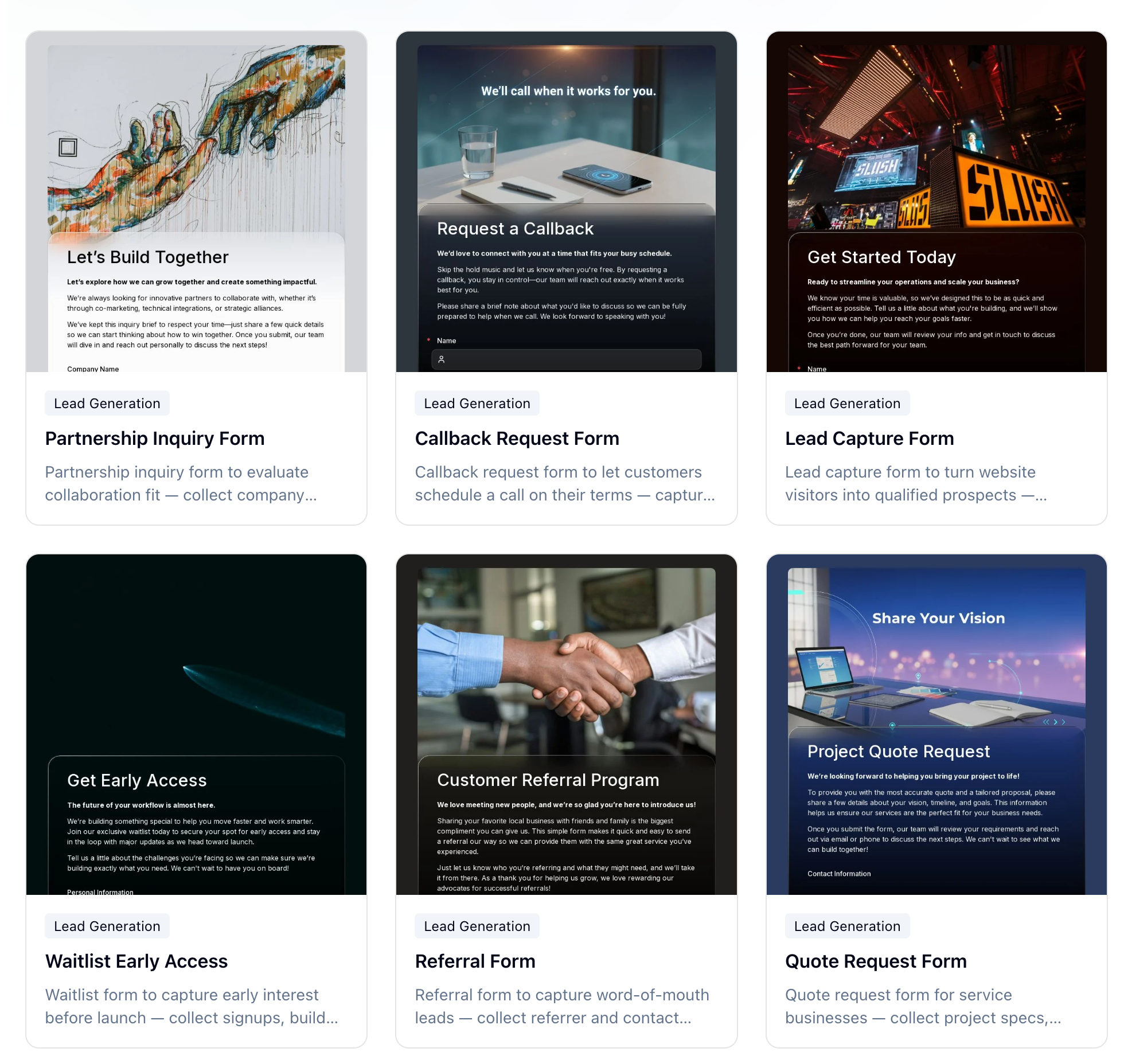 FormHug lead generation form templates gallery — ready-made templates for callback requests, partnership inquiries, waitlists, referral programs, and quote requests