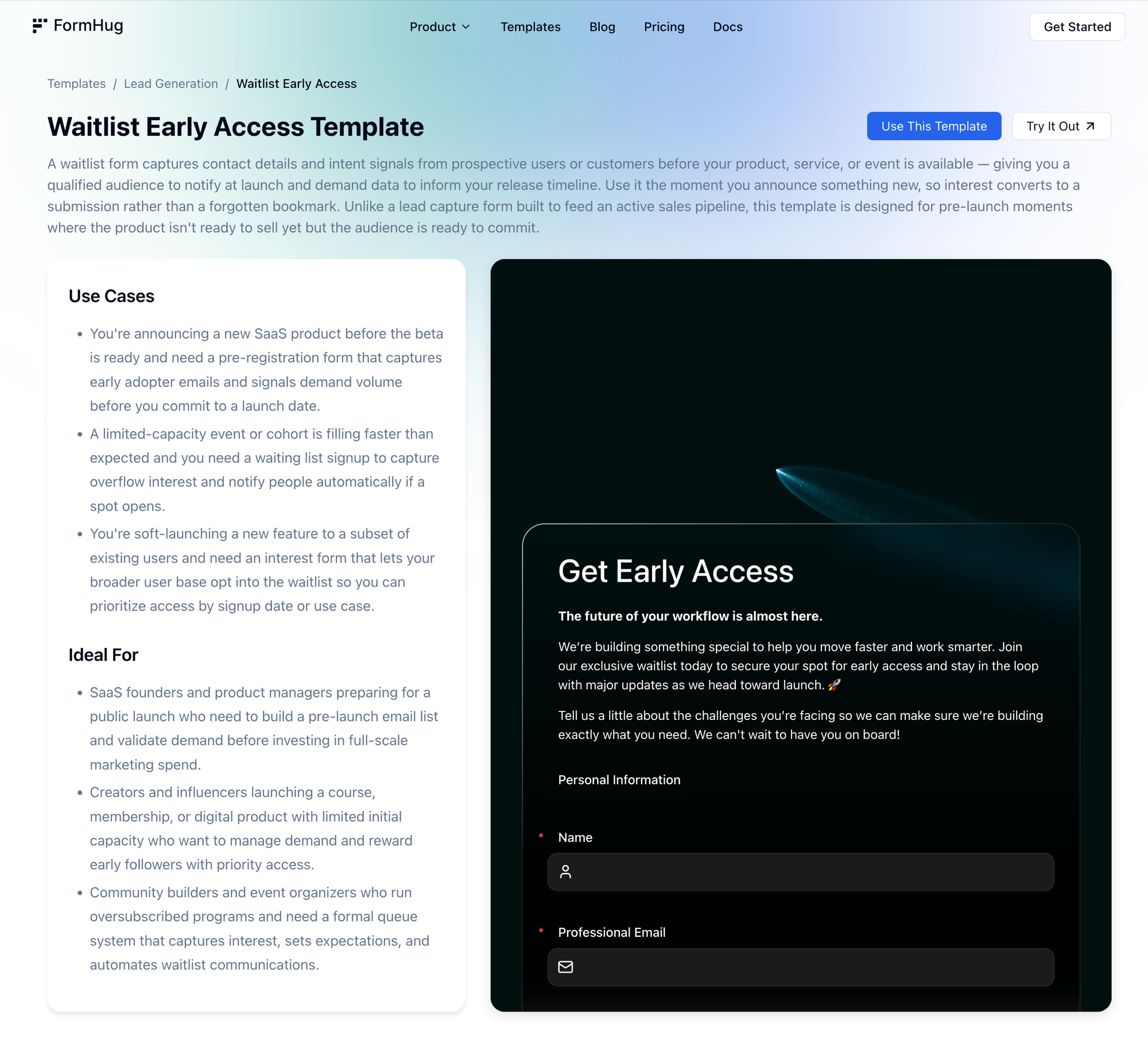 FormHug Waitlist Early Access template page — shows use cases, target audience, and a live preview of the dark-themed early access signup form