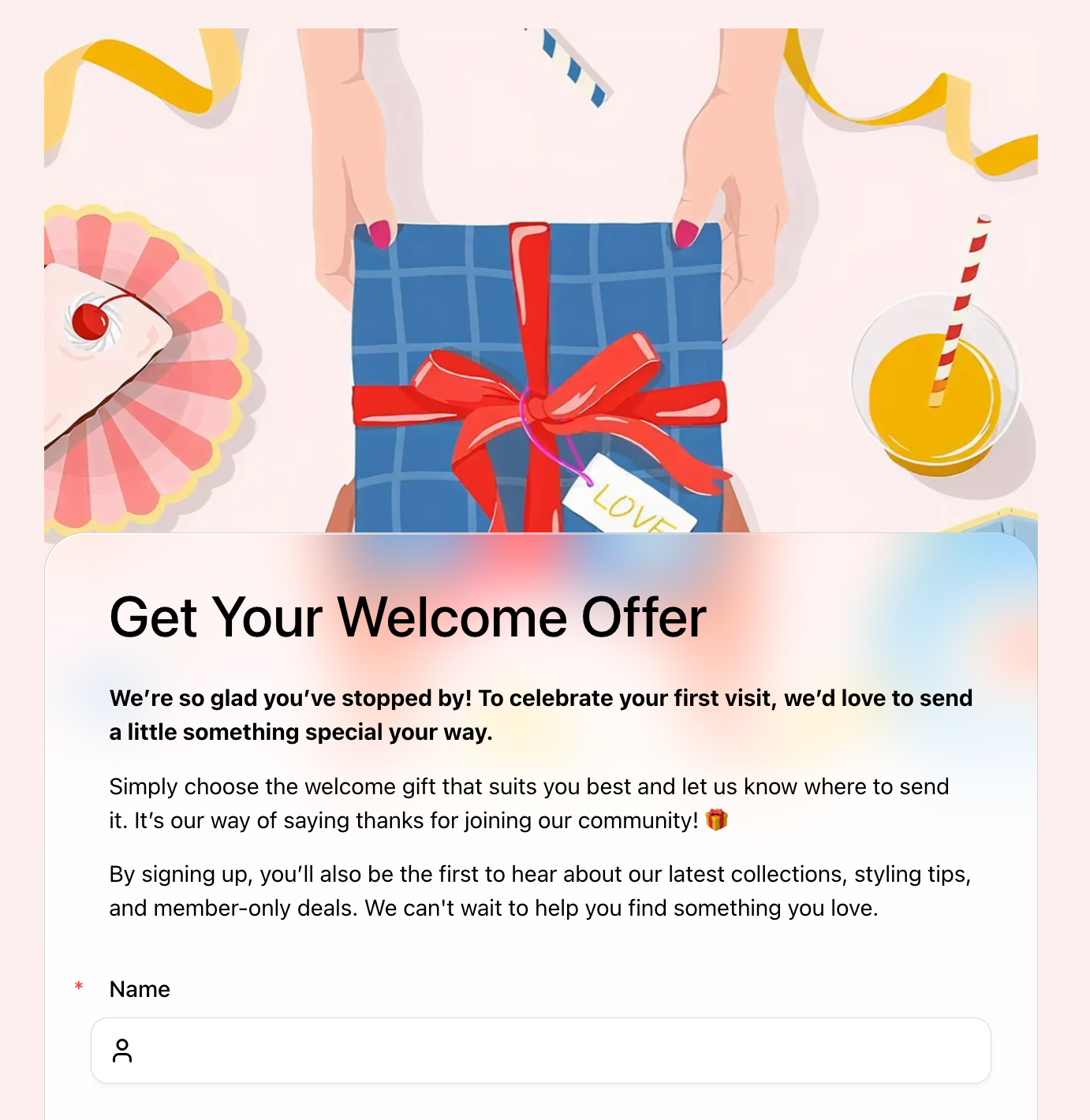 FormHug Welcome Offer lead generation form — a visually polished design with cover illustration and clear fields to capture first-time visitor emails
