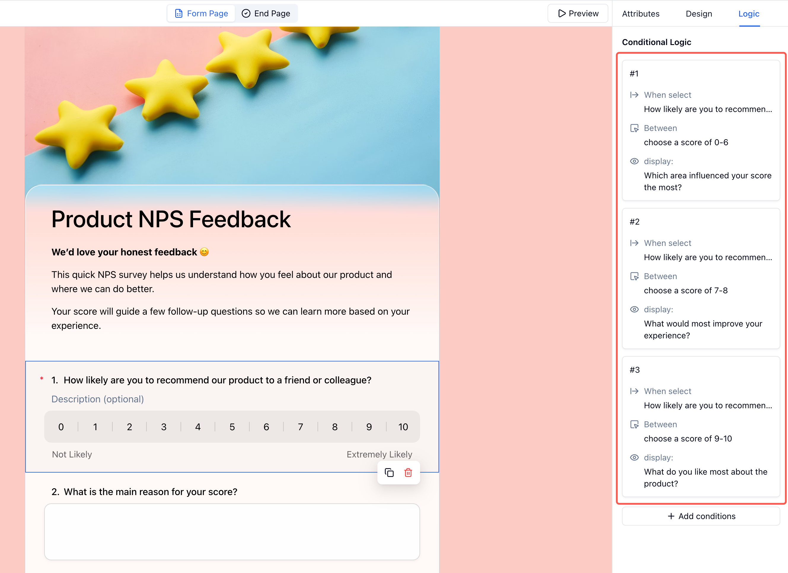 FormHug NPS form editor with Logic panel open — three conditional rules configured: score 0–6 shows "Which area influenced your score the most?", score 7–8 shows "What would most improve your experience?", score 9–10 shows "What do you like most about the product?"