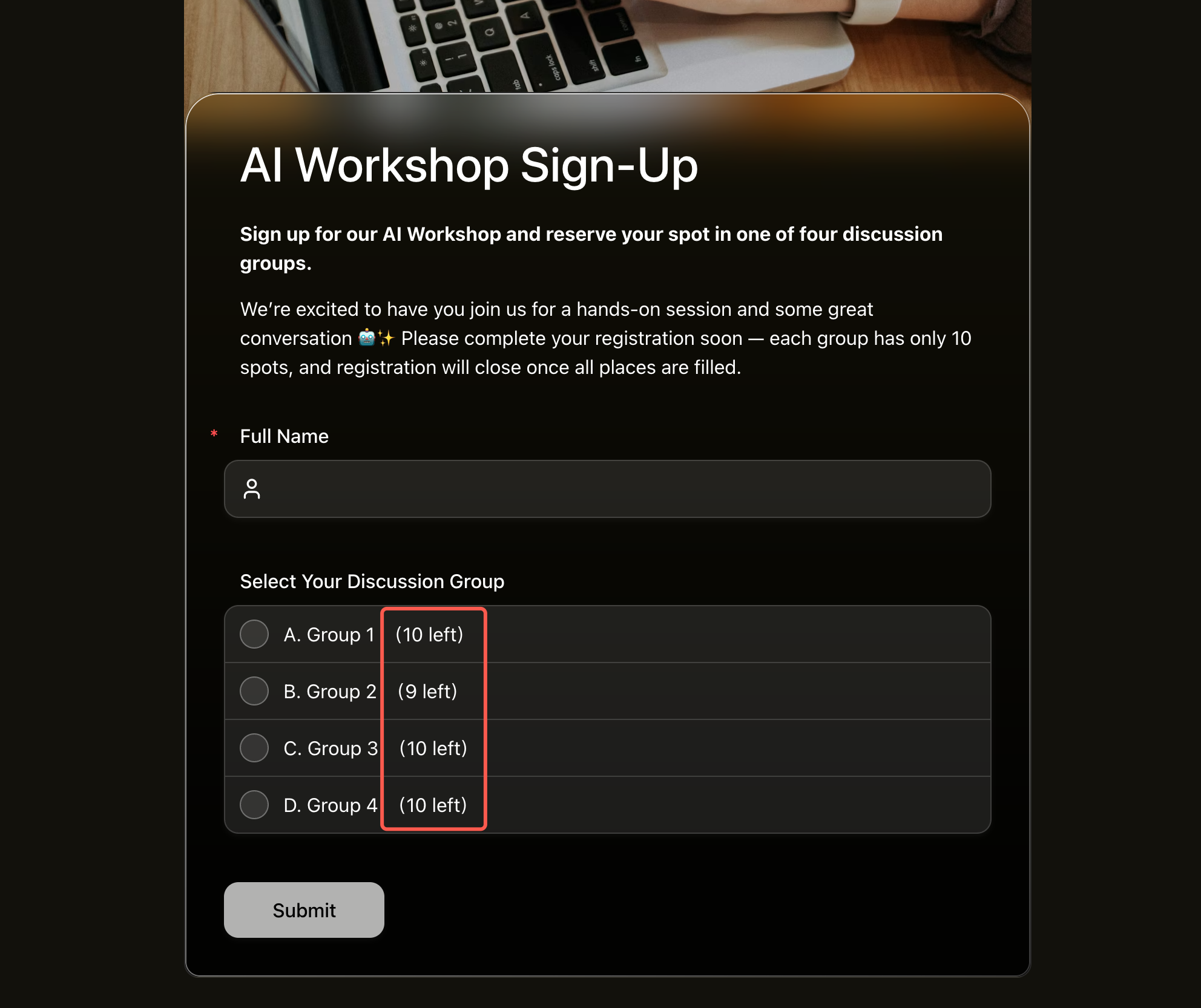 AI workshop sign-up form showing discussion group options with visible remaining quota counts such as 10 left and 9 left