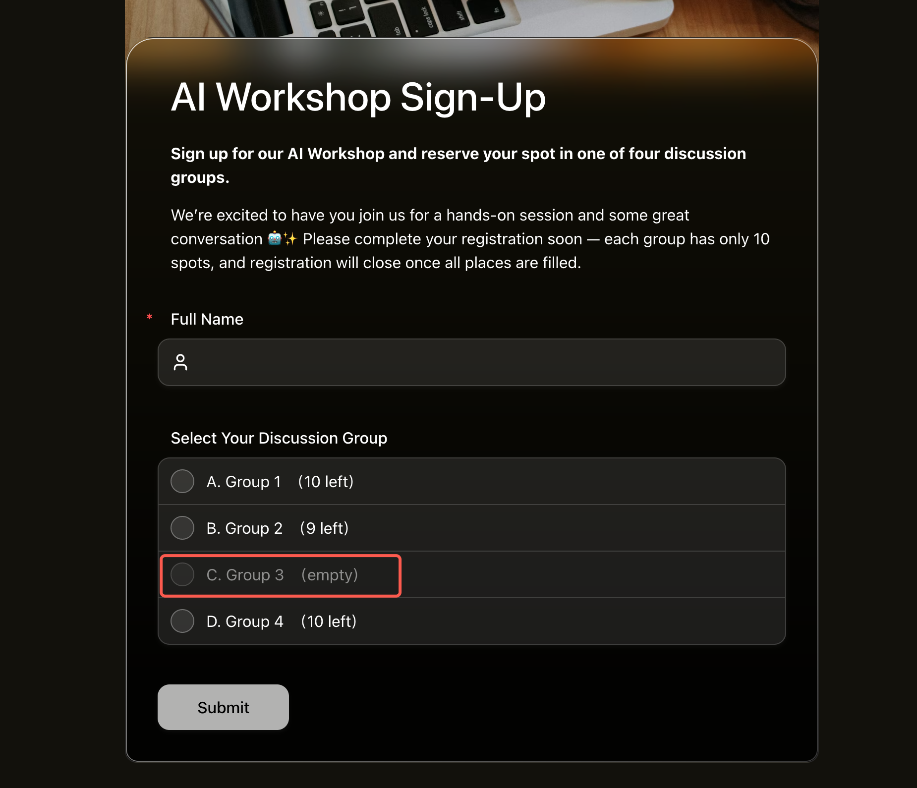 AI workshop sign-up form showing Group 3 as empty while other discussion group options remain available
