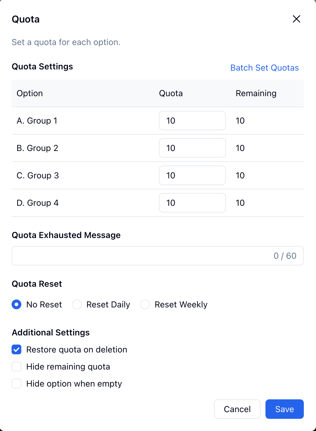 FormHug quota settings modal showing per-option quotas, remaining counts, quota reset options, restore quota on deletion, hide remaining quota, and hide option when empty settings