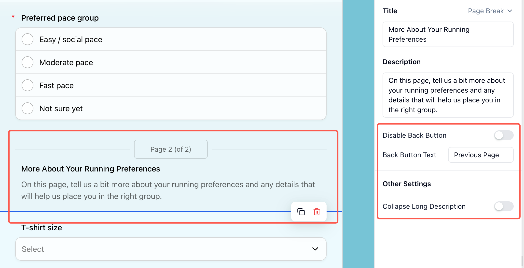 FormHug builder showing a Page Break display field inserted between form sections — creating a multi-step form without changing every question into a separate card