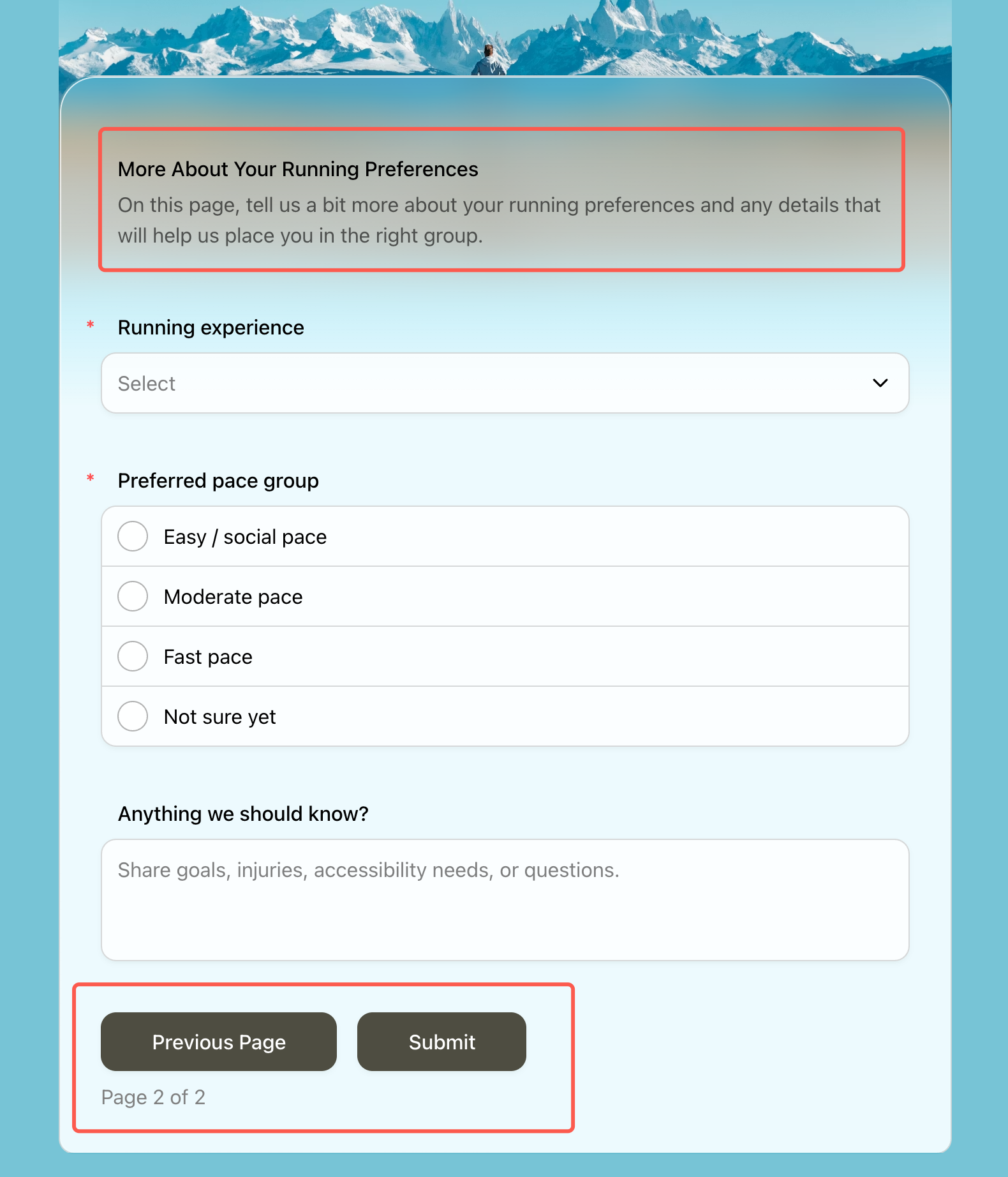 Second page of a FormHug multi-step form after a Page Break — showing how respondents continue into the next grouped section instead of scrolling through one long page