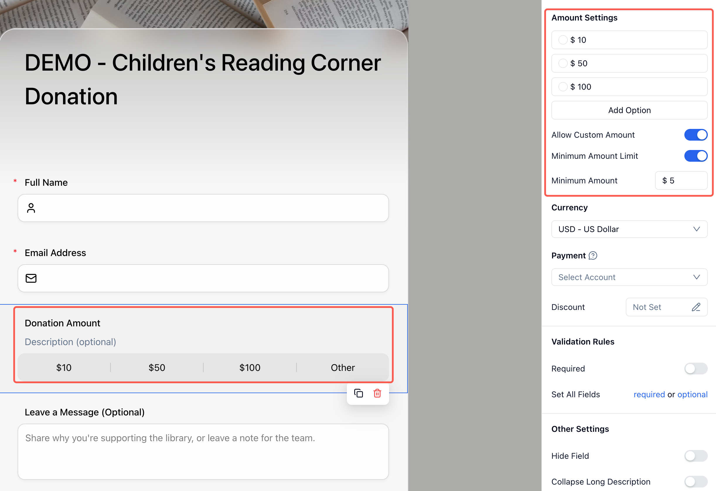 Price-Only payment field settings in FormHug showing fixed amount options, custom amount, minimum amount, currency, Stripe account, discount, and validation settings — configuring a donation form before publishing