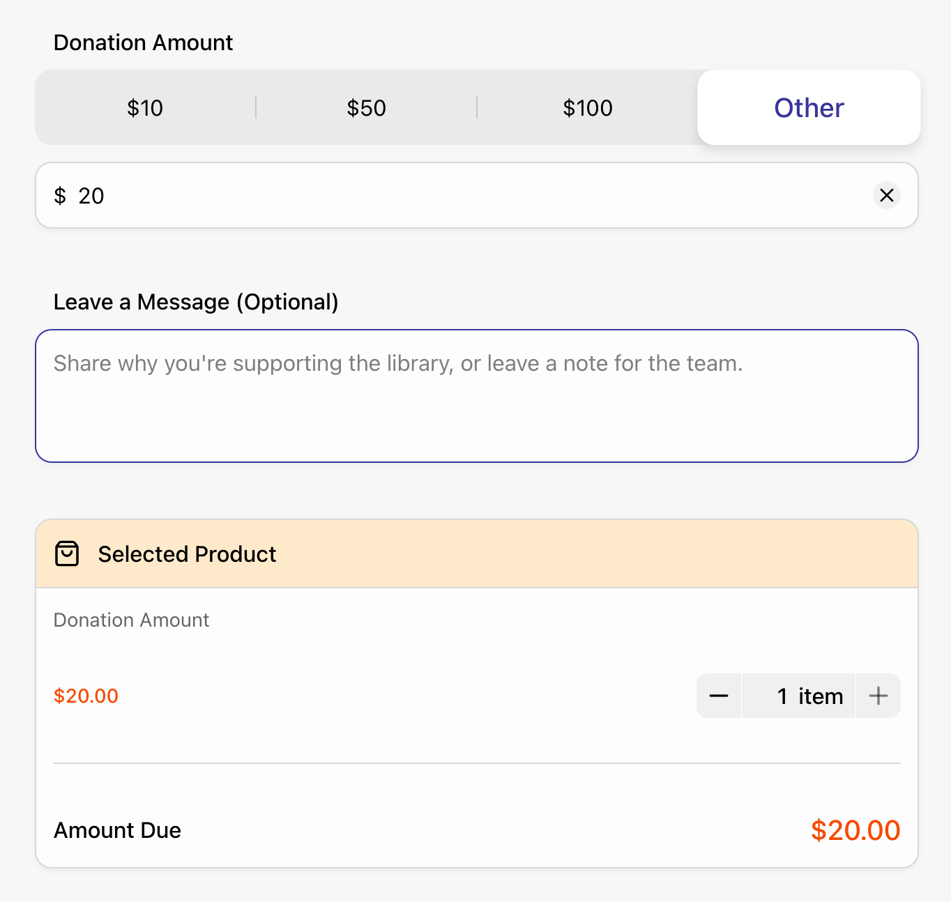 Price-Only donation form showing suggested donation amounts, custom amount, donor message, and selected donation summary — helping supporters choose an amount without a full cart workflow