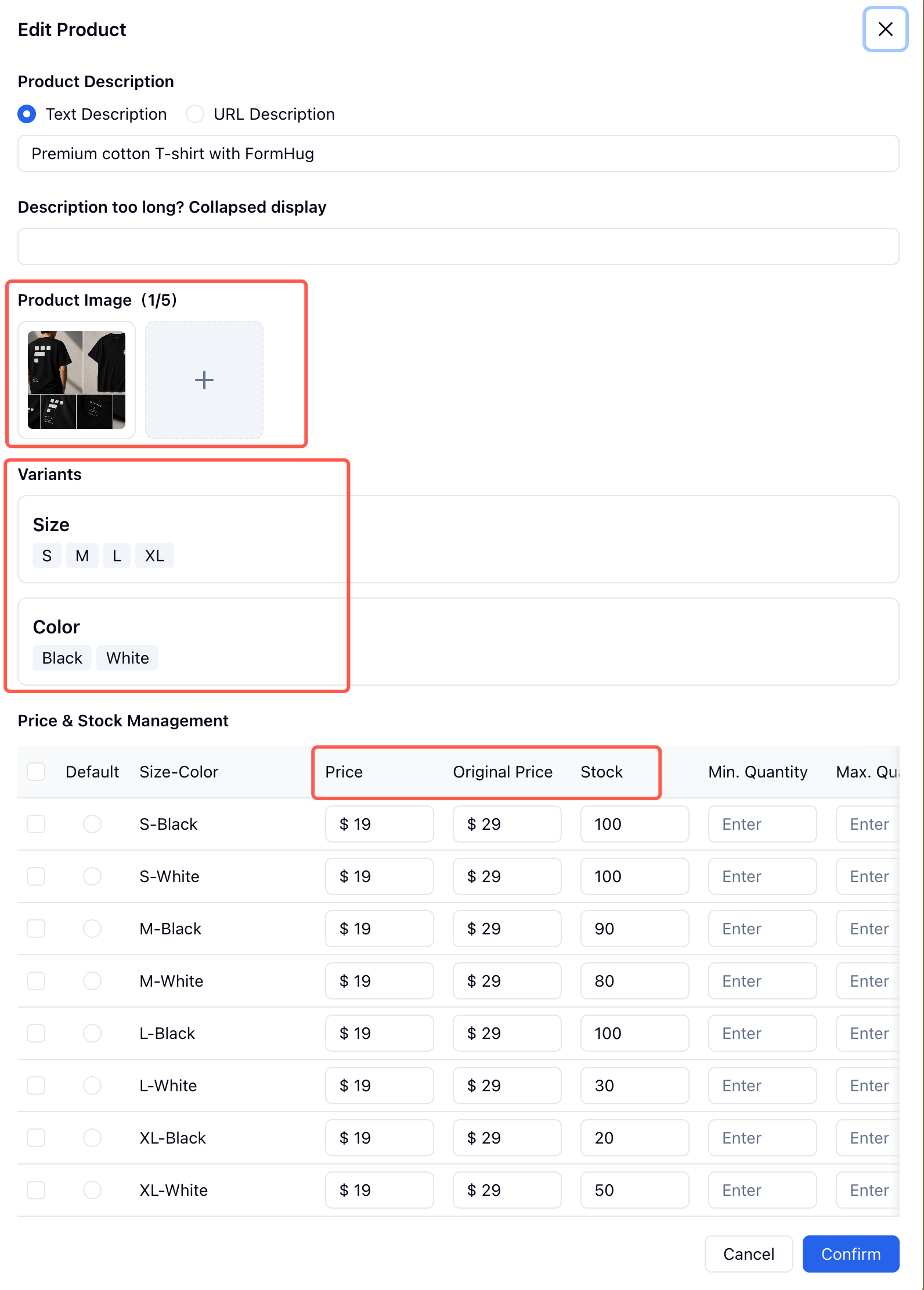 Product settings for a T-shirt with size and color variants — configuring merchandise choices, prices, and stock in a form builder