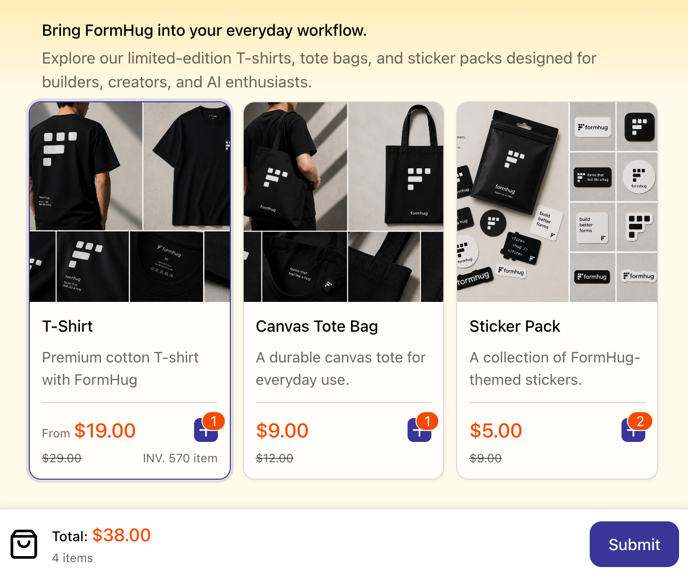 Merchandise order form showing T-shirt, canvas tote bag, and sticker pack product cards — helping buyers choose visual products before Stripe payment