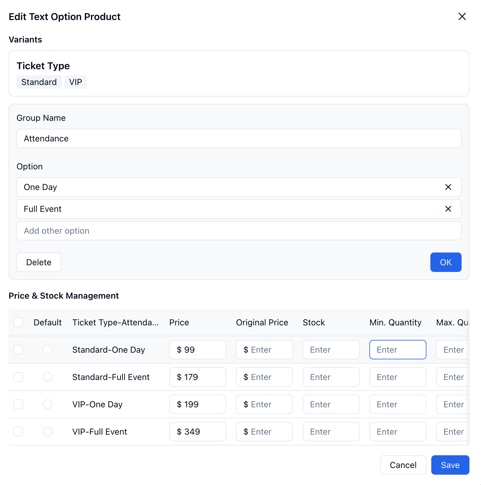 Text Option settings showing ticket type and attendance groups — configuring ticket combinations, prices, stock, and quantity rules