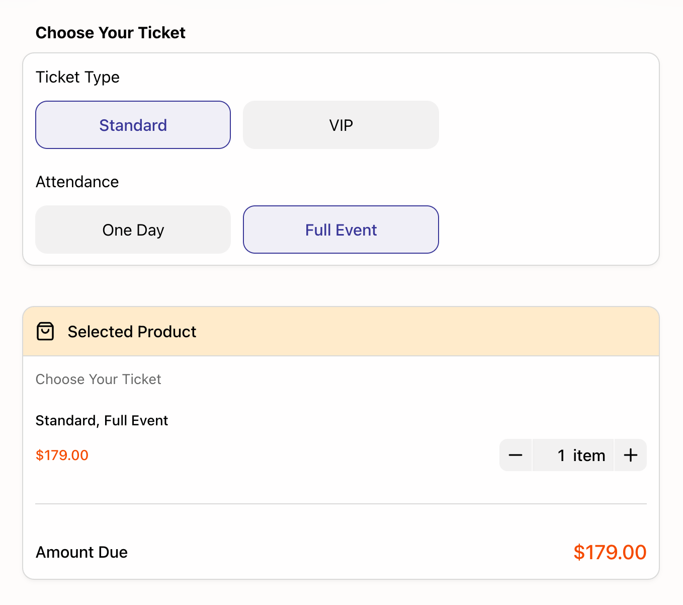 Ticket booking form using Text Option groups for ticket type and attendance — pricing a paid workshop registration from text choices