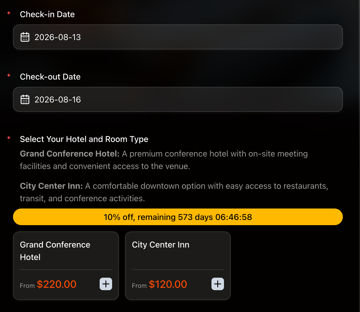 Text Product hotel booking form showing text-based product cards and selected-product summary — a similar pattern for workshop packages and course tiers