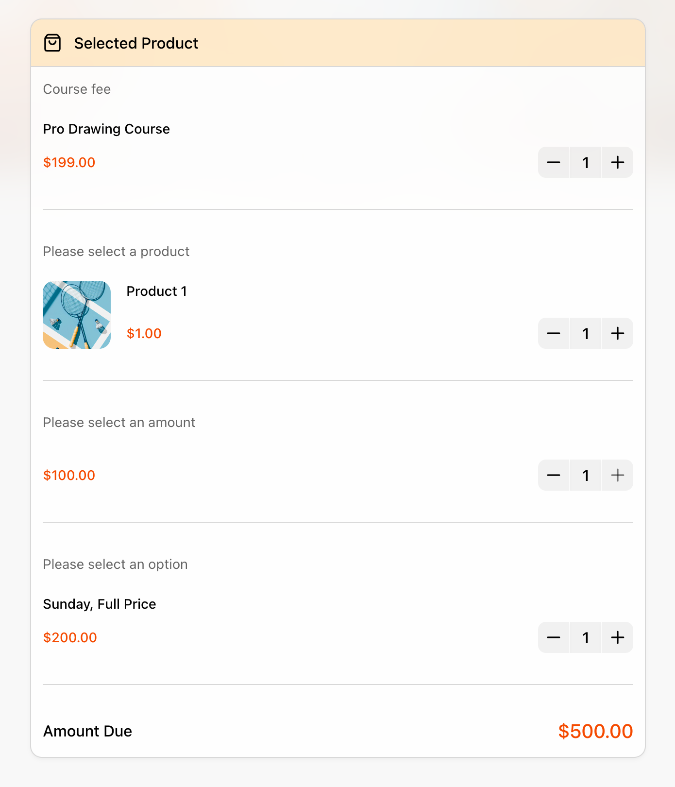 FormHug order summary panel showing a customer's selected products — course fee, a physical product, a custom amount, and a ticket option all contributing to an Amount Due of $500