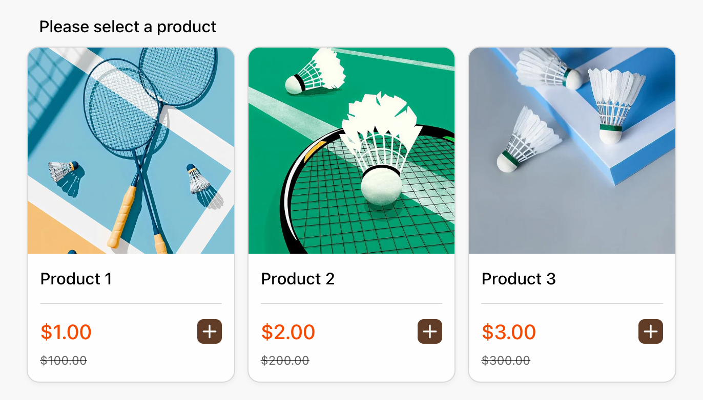 Product field in FormHug showing three badminton equipment items as image cards — each with a product photo, price, crossed-out original price, and an add-to-order button