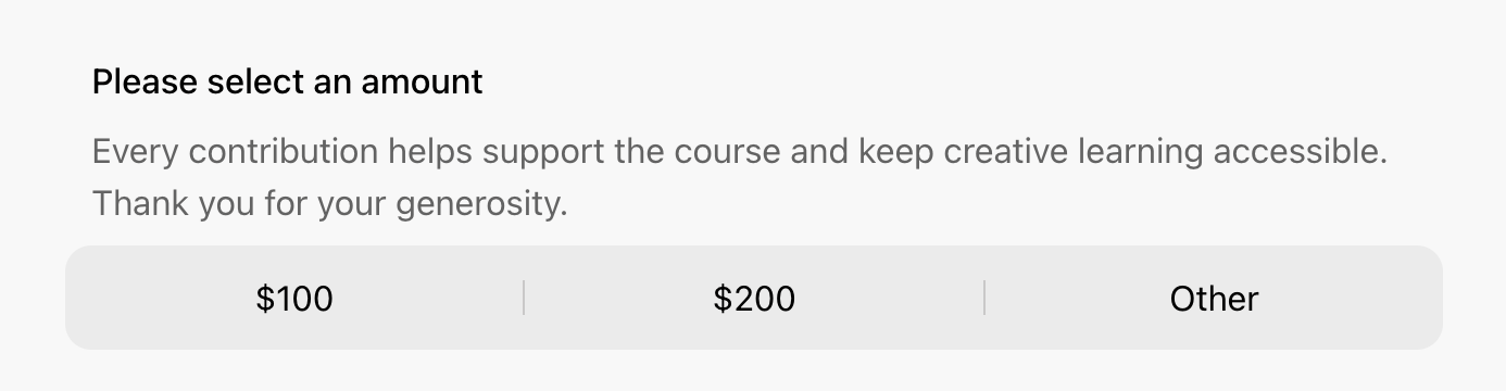 Price-Only payment field in FormHug showing a donation amount selector — $100, $200, and Other preset buttons with a description encouraging contributions to support a drawing course
