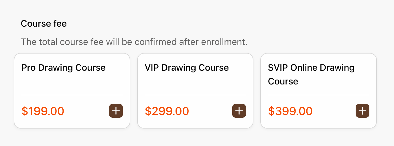 Text Product field in FormHug showing three drawing course tiers as text cards — Pro Drawing Course at $199, VIP Drawing Course at $299, and SVIP Online Drawing Course at $399