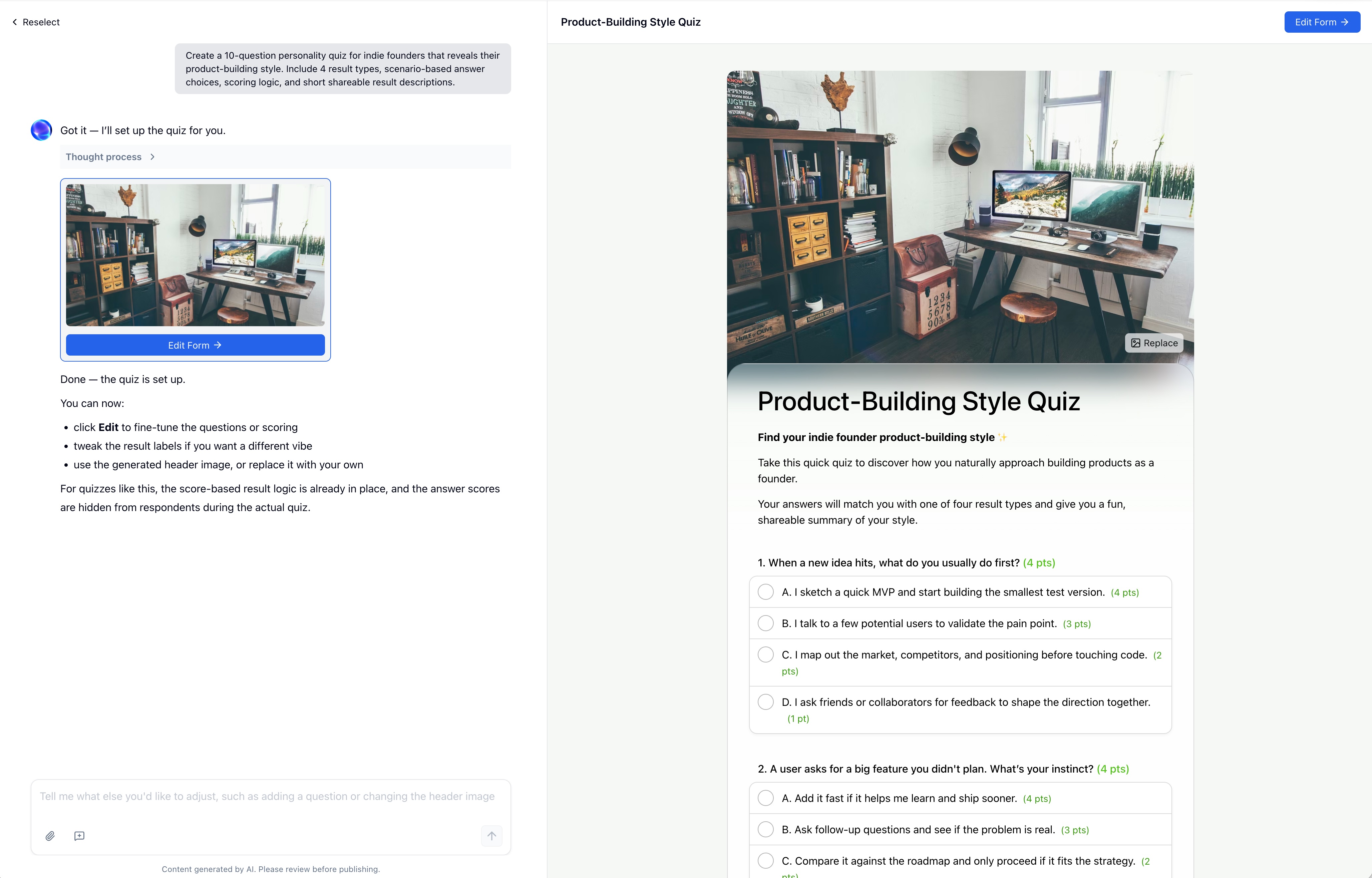 FormHug AI generating a product-building style personality quiz from a single prompt, with questions, scoring logic, and a result page preview