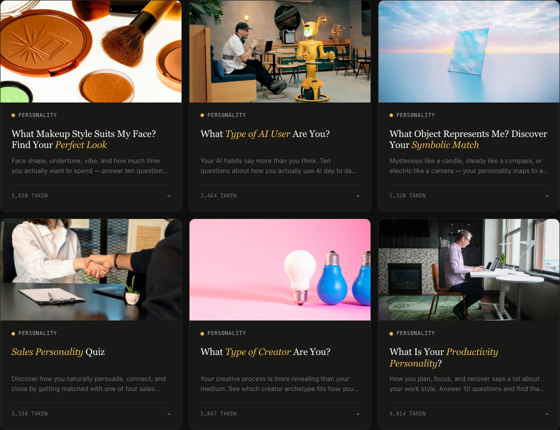 Personality quiz gallery showing makeup style, AI user type, symbolic object, sales personality, creator type, and productivity personality quizzes