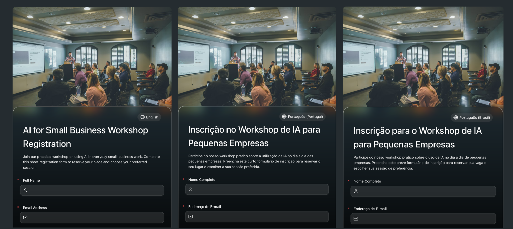English, European Portuguese, and Brazilian Portuguese versions of the same FormHug workshop registration form shown side by side
