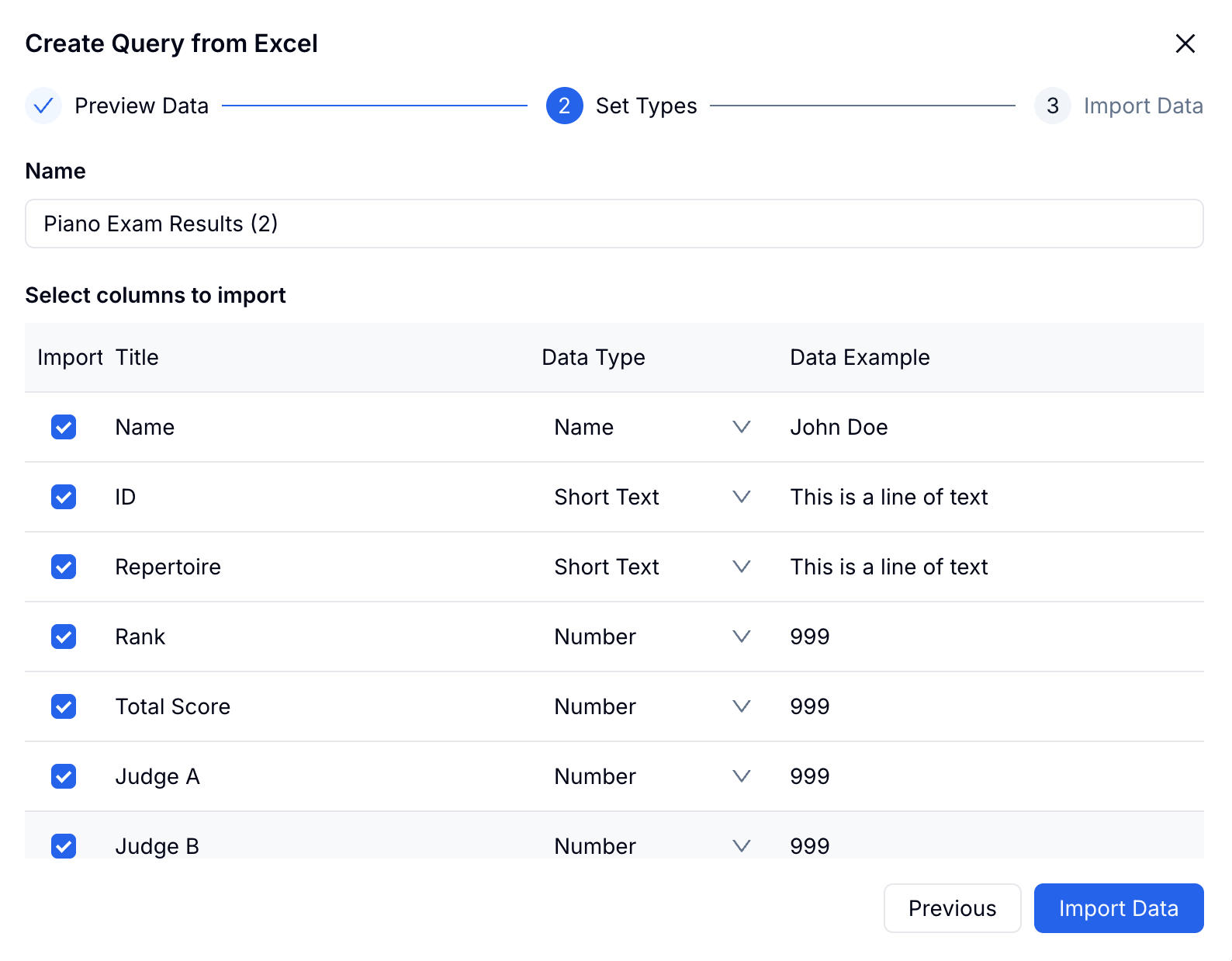 Importing data from an Excel spreadsheet into FormHug — assigning column types for each field to set up a self-service lookup page