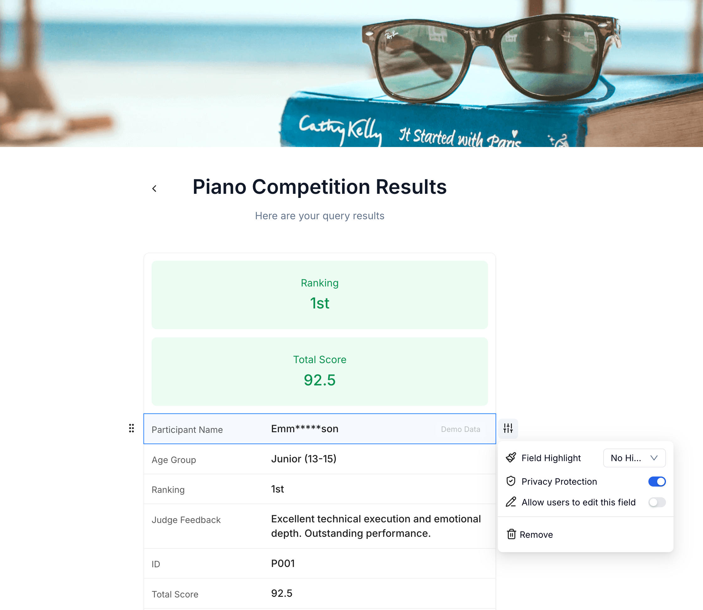 Results display settings for an Excel-based lookup page in FormHug — highlighting key fields, masking sensitive values, and enabling participant self-editing