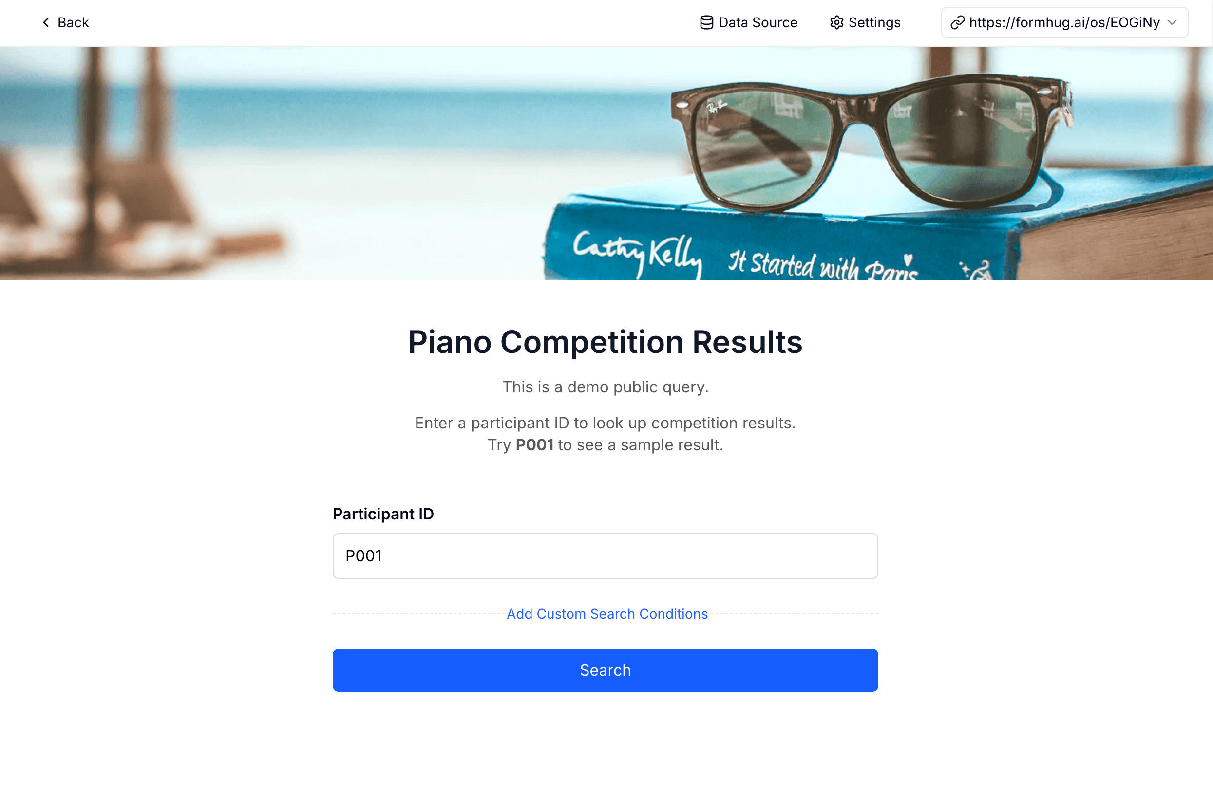 Configuring lookup search conditions in FormHug — selecting one or two fields from an Excel spreadsheet as the search key for a self-service lookup page