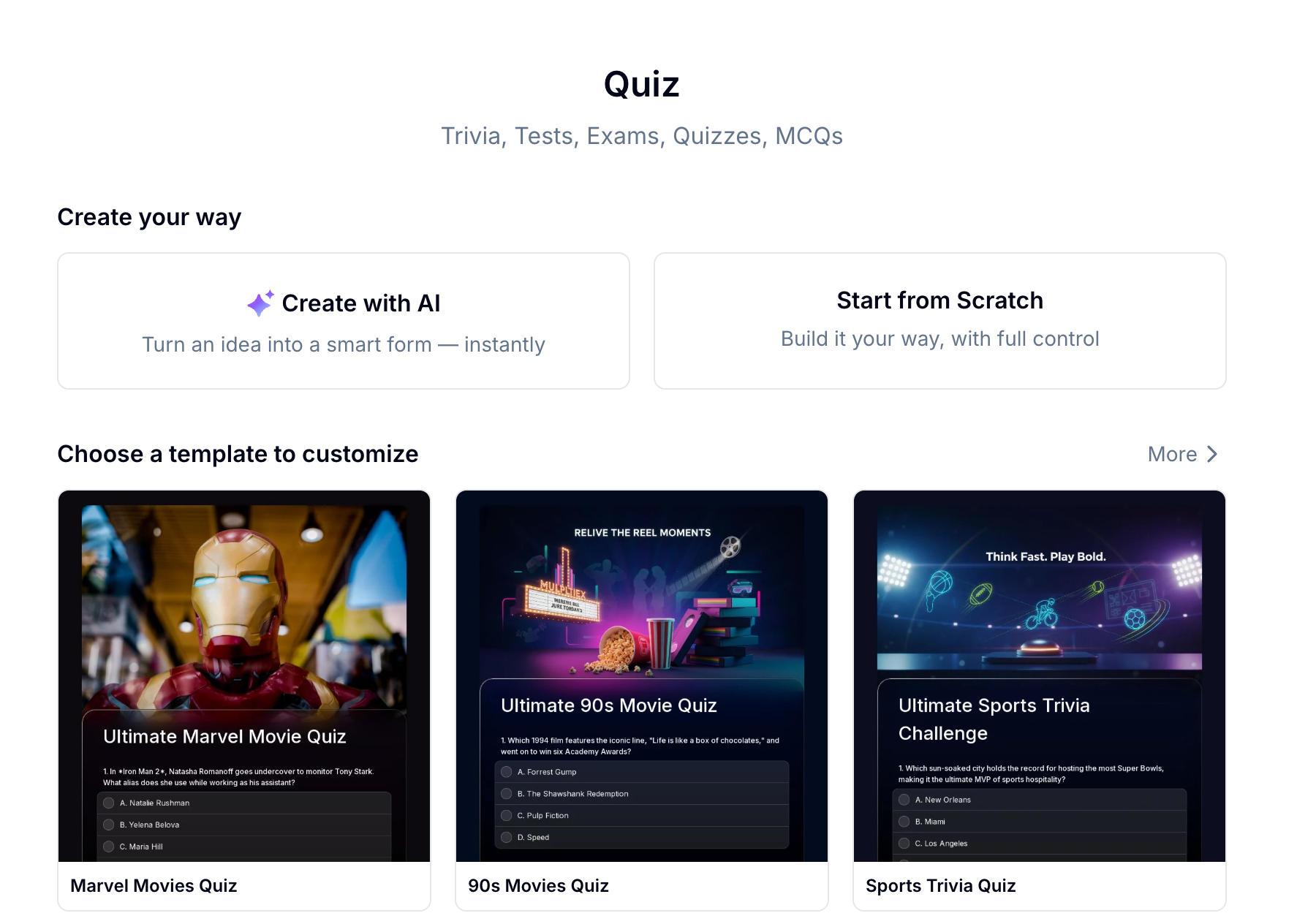 FormHug quiz creation screen showing three options — create with AI, start from a template, or build from scratch